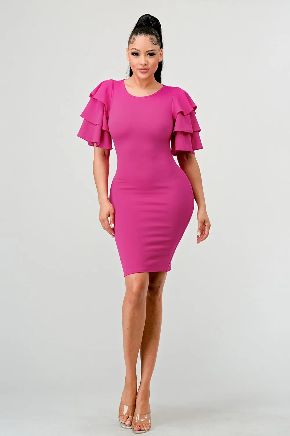 Fuschia Tiered Ruffle Sleeves Bodtiered Ruffle Sleeves Bodycon Dressycon Dress