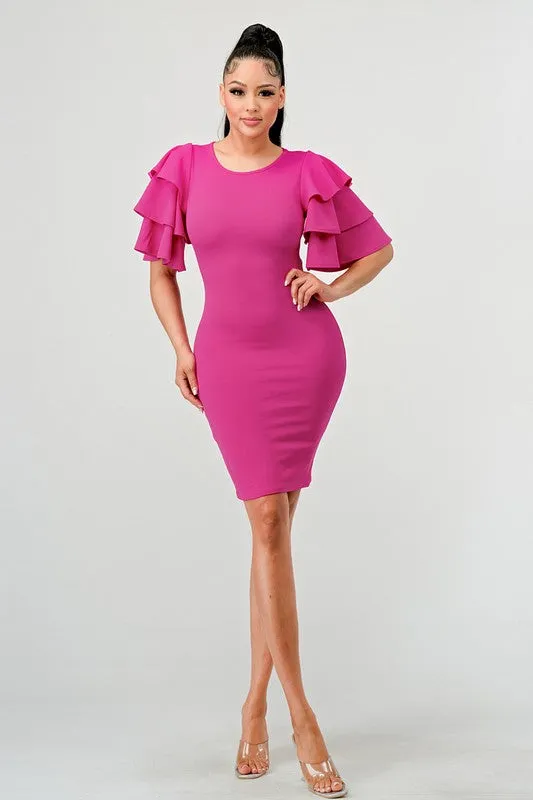 Fuschia Tiered Ruffle Sleeves Bodtiered Ruffle Sleeves Bodycon Dressycon Dress