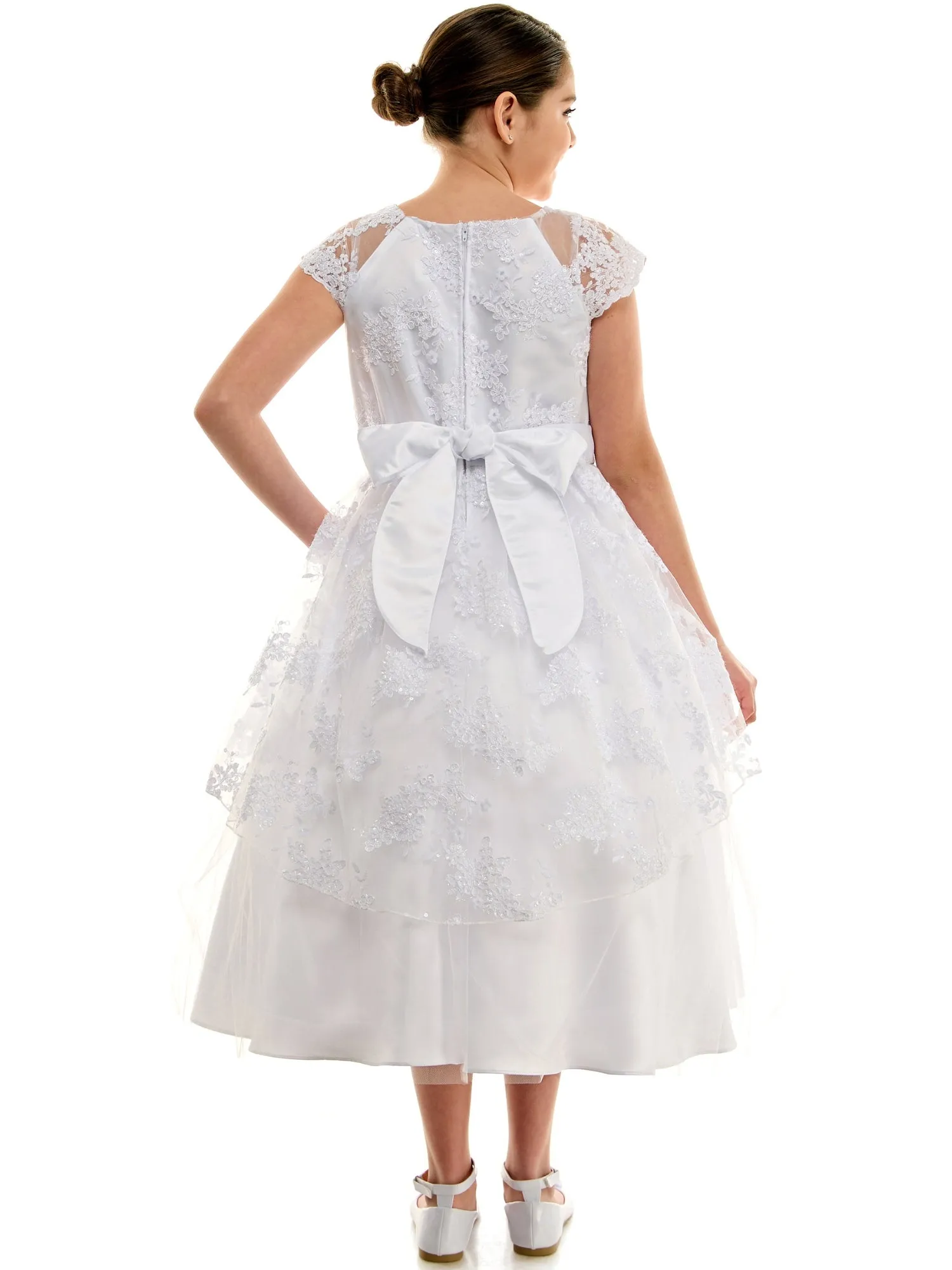 Girls White Embroidered Overlay Cap Sleeve First Communion Dress, Sizes 14