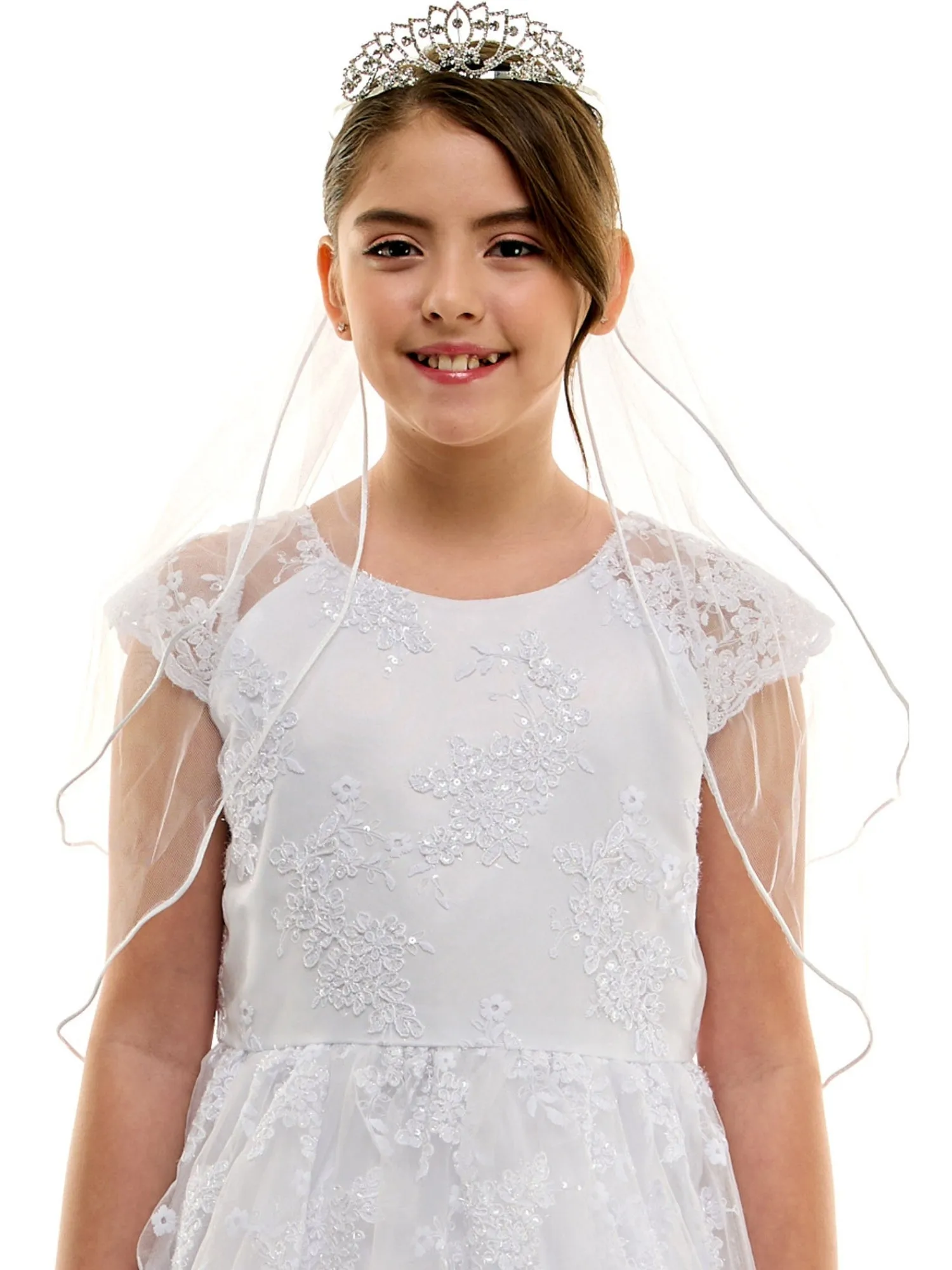 Girls White Embroidered Overlay Cap Sleeve First Communion Dress, Sizes 14