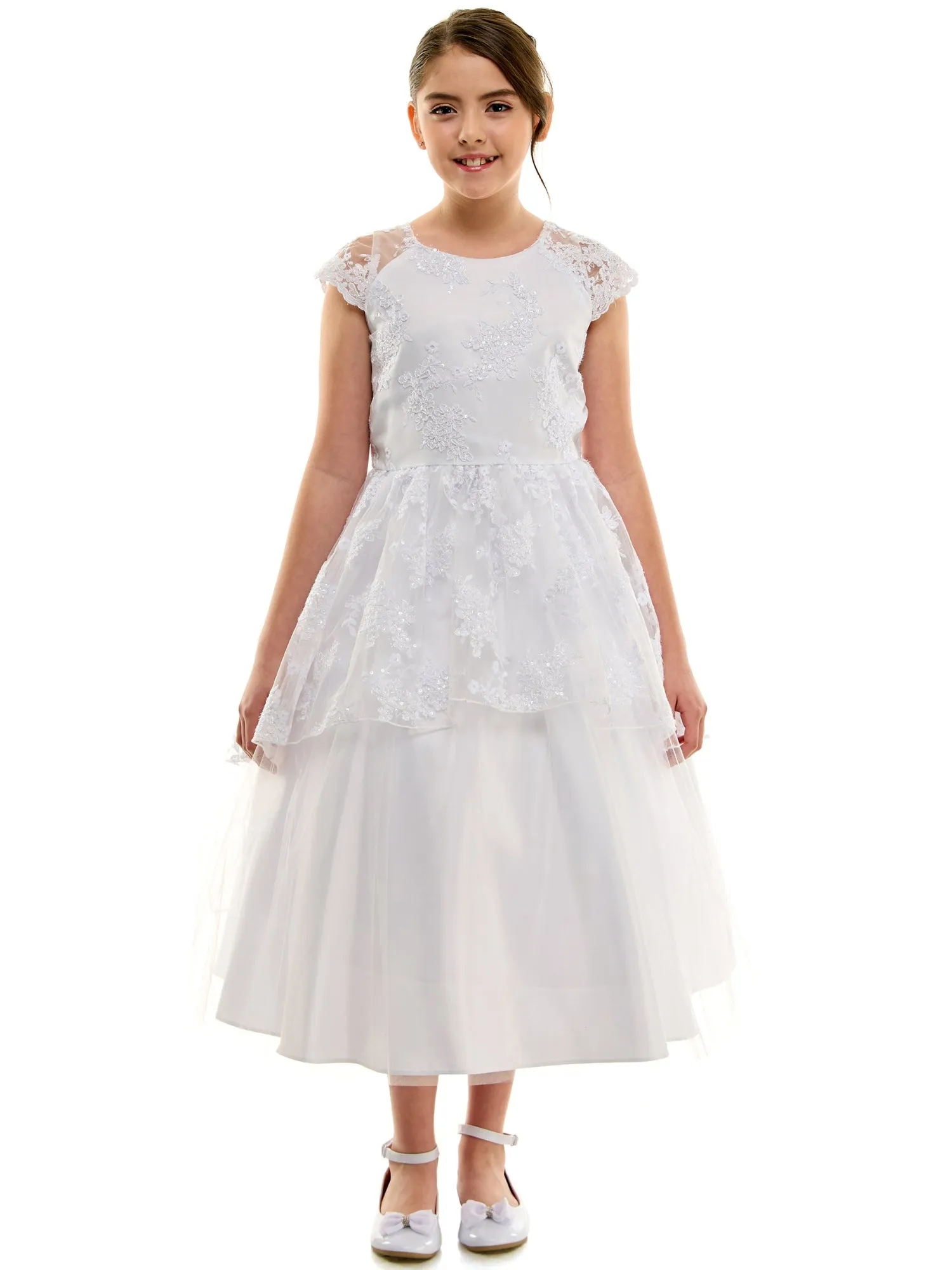 Girls White Embroidered Overlay Cap Sleeve First Communion Dress, Sizes 14