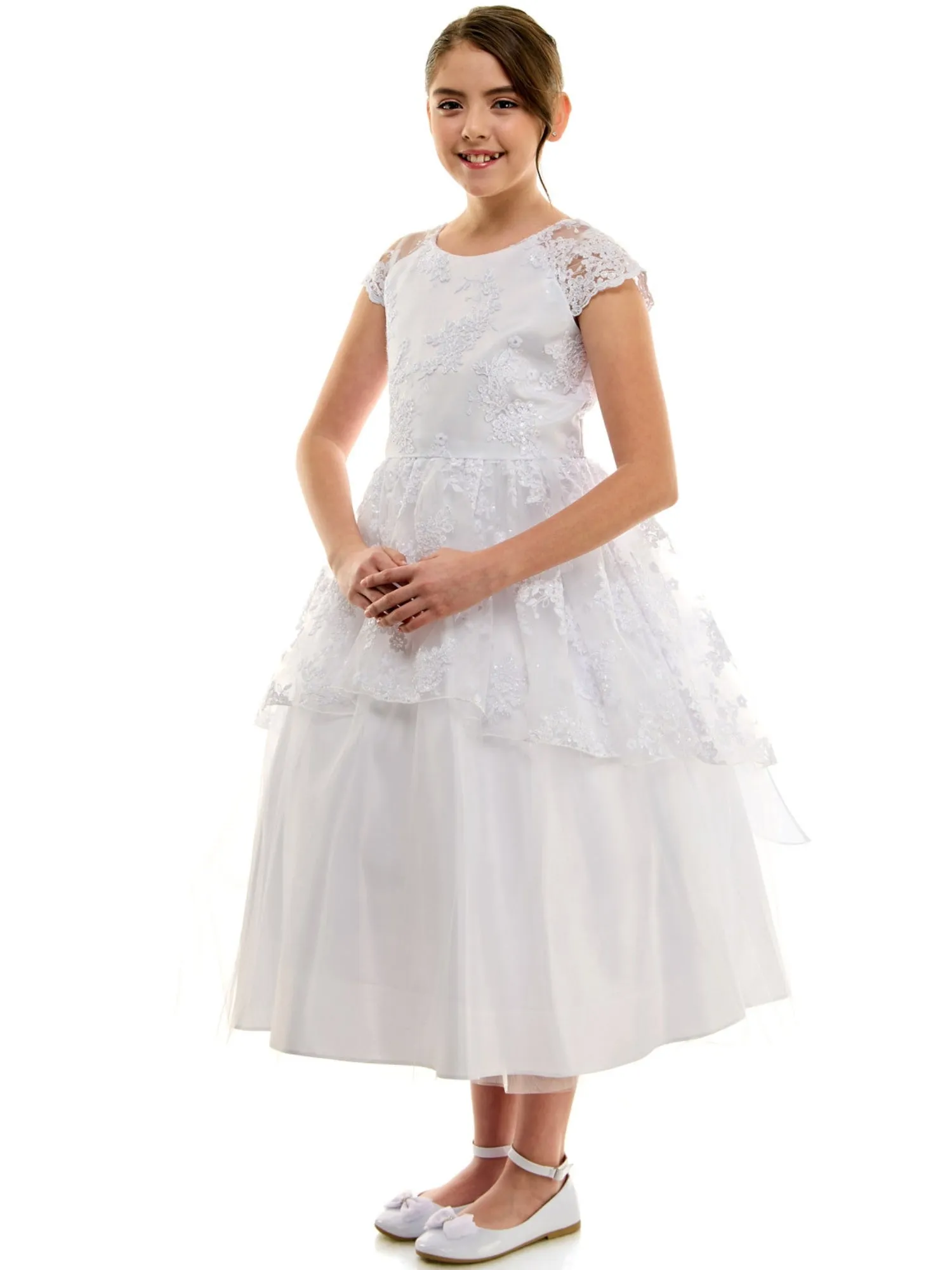 Girls White Embroidered Overlay Cap Sleeve First Communion Dress, Sizes 14