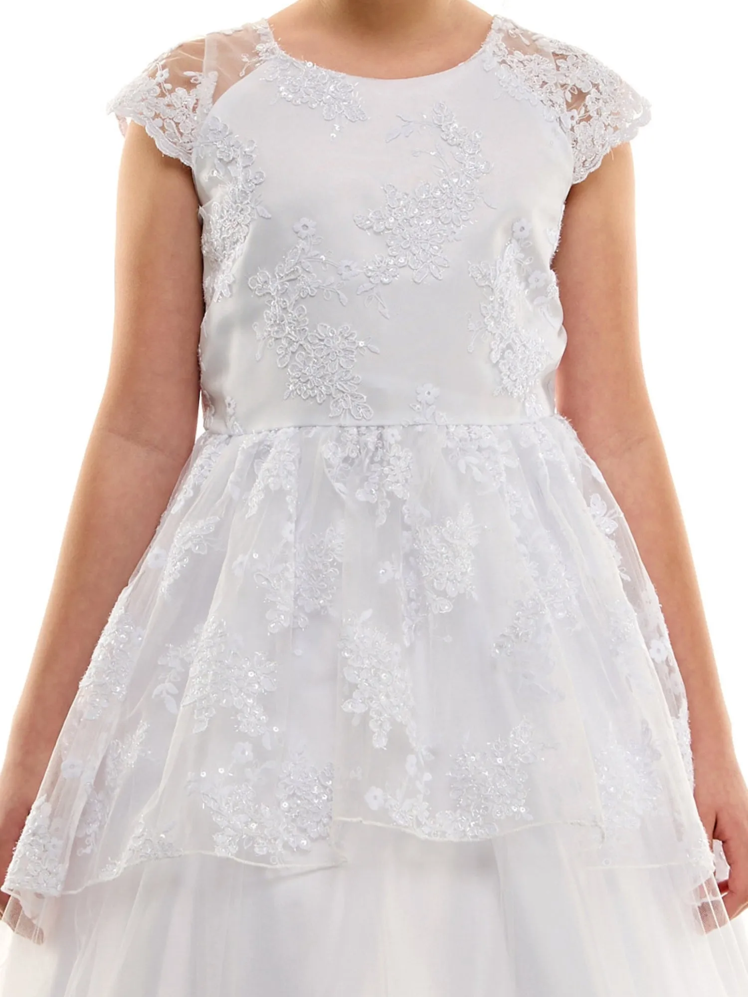 Girls White Embroidered Overlay Cap Sleeve First Communion Dress, Sizes 14