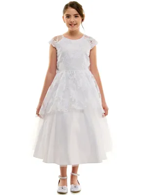 Girls White Embroidered Overlay Cap Sleeve First Communion Dress, Sizes 14