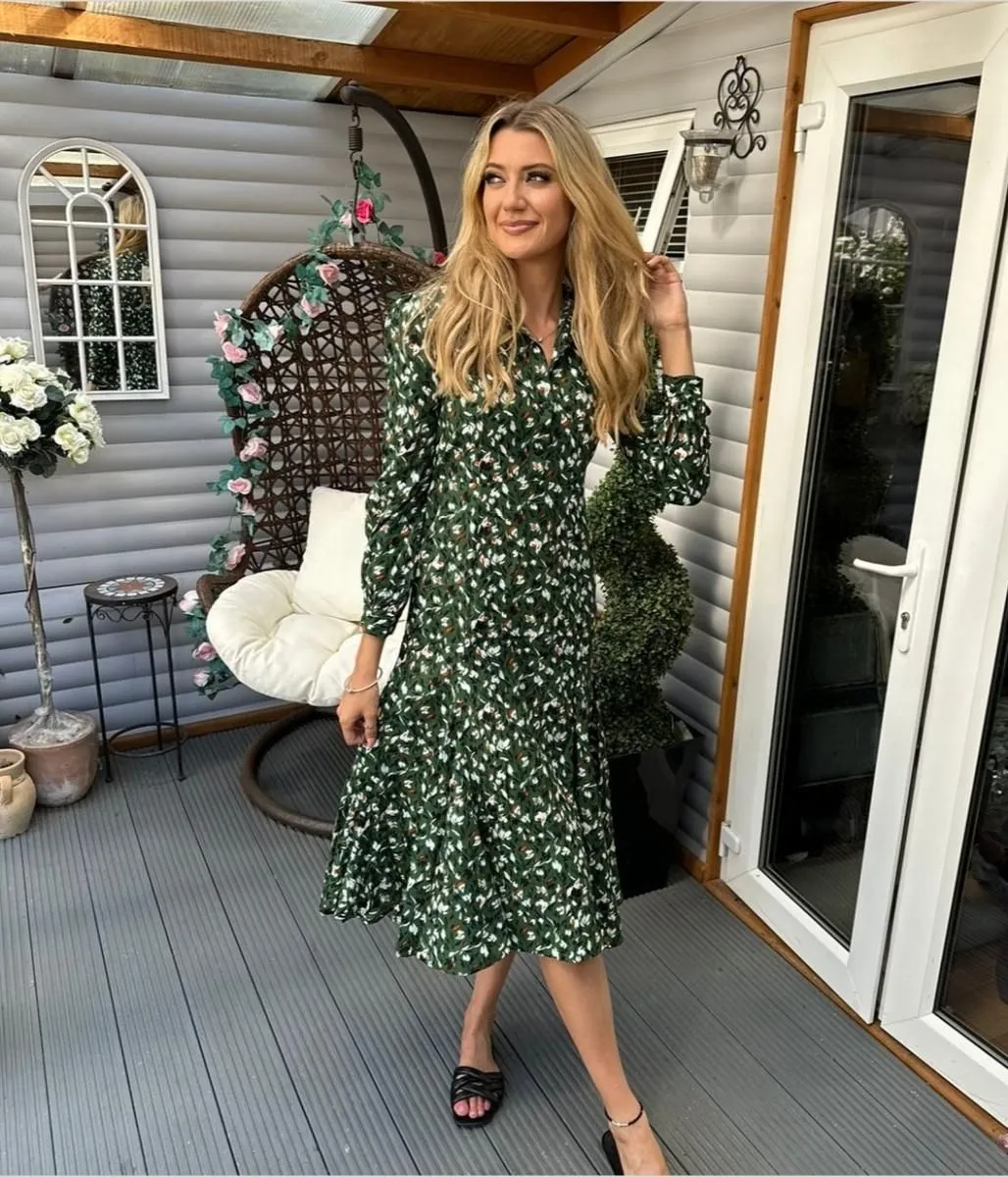 Green Godet Hem Shirt Dress