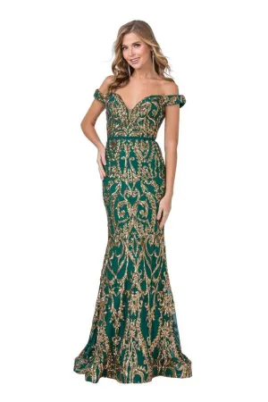 Green Off-the-shoulder Gold Appliqué Detail Dress