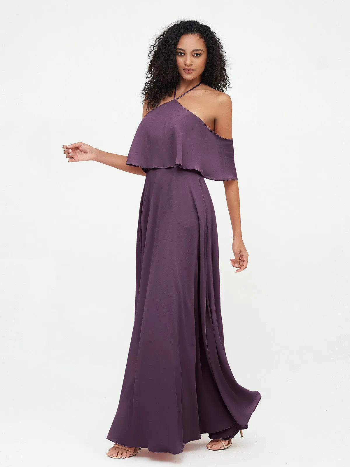 Halter Off the Shoulder Max Dresses with Pockets-Plum