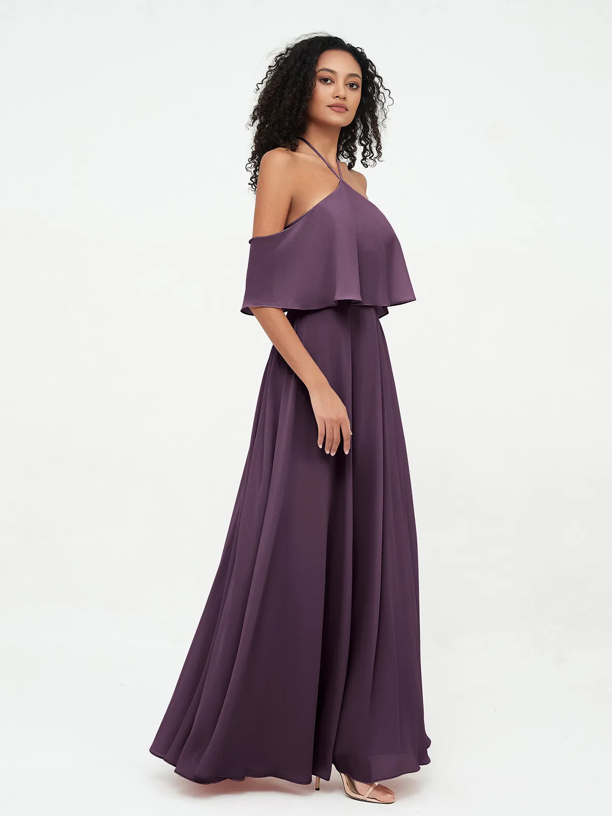 Halter Off the Shoulder Max Dresses with Pockets-Plum