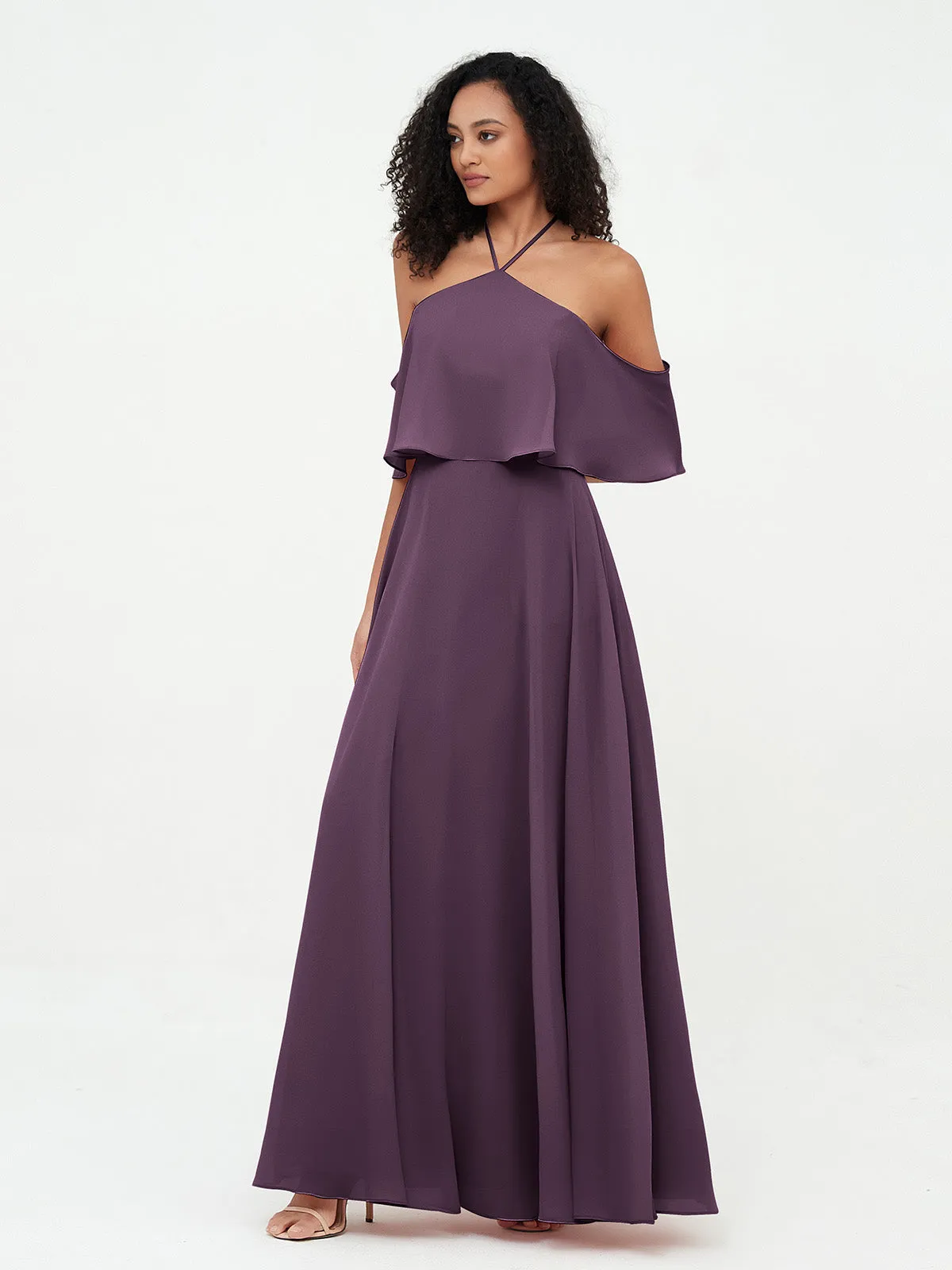 Halter Off the Shoulder Max Dresses with Pockets-Plum