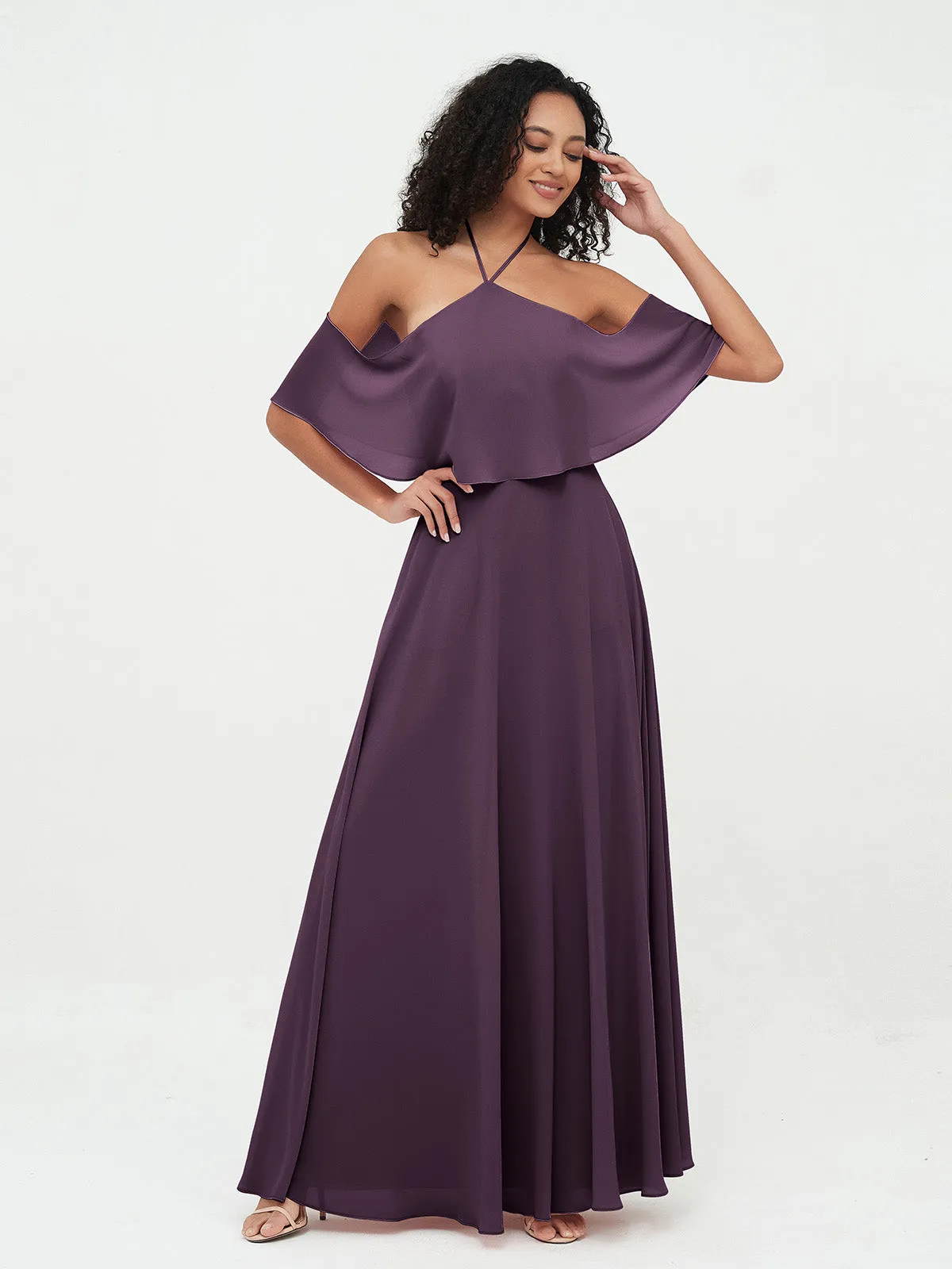 Halter Off the Shoulder Max Dresses with Pockets-Plum