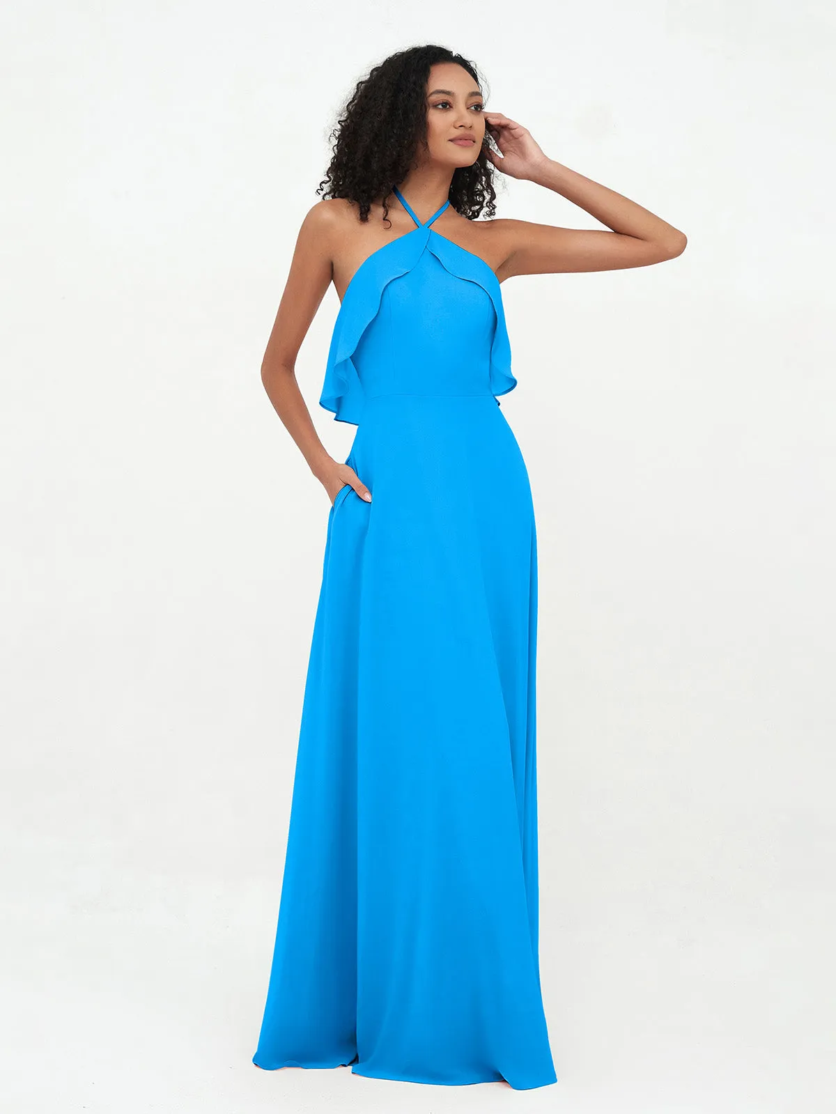 Halter Strap Chiffon Long Bridesmaid Dresses Ocean Blue