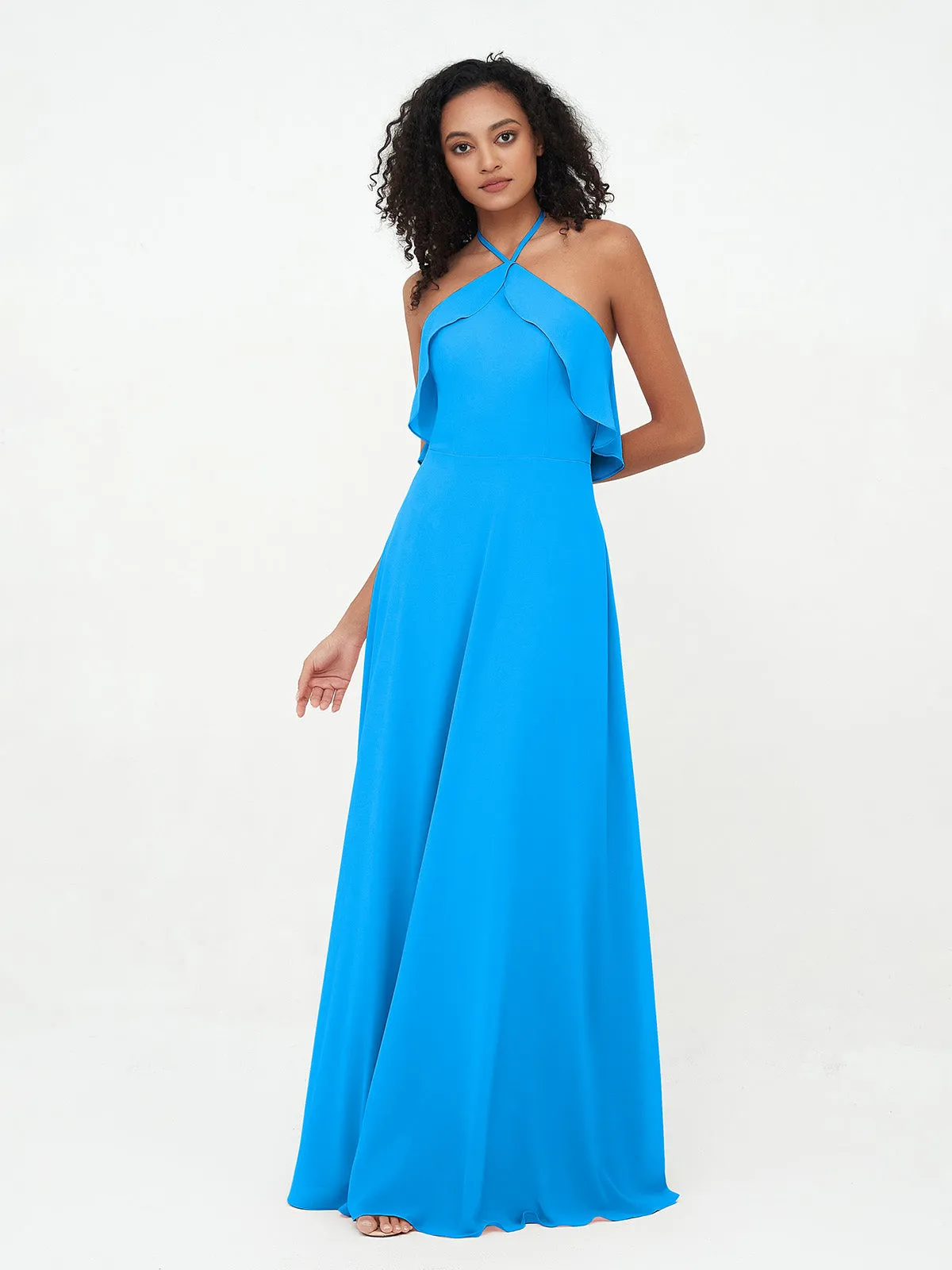 Halter Strap Chiffon Long Bridesmaid Dresses Ocean Blue