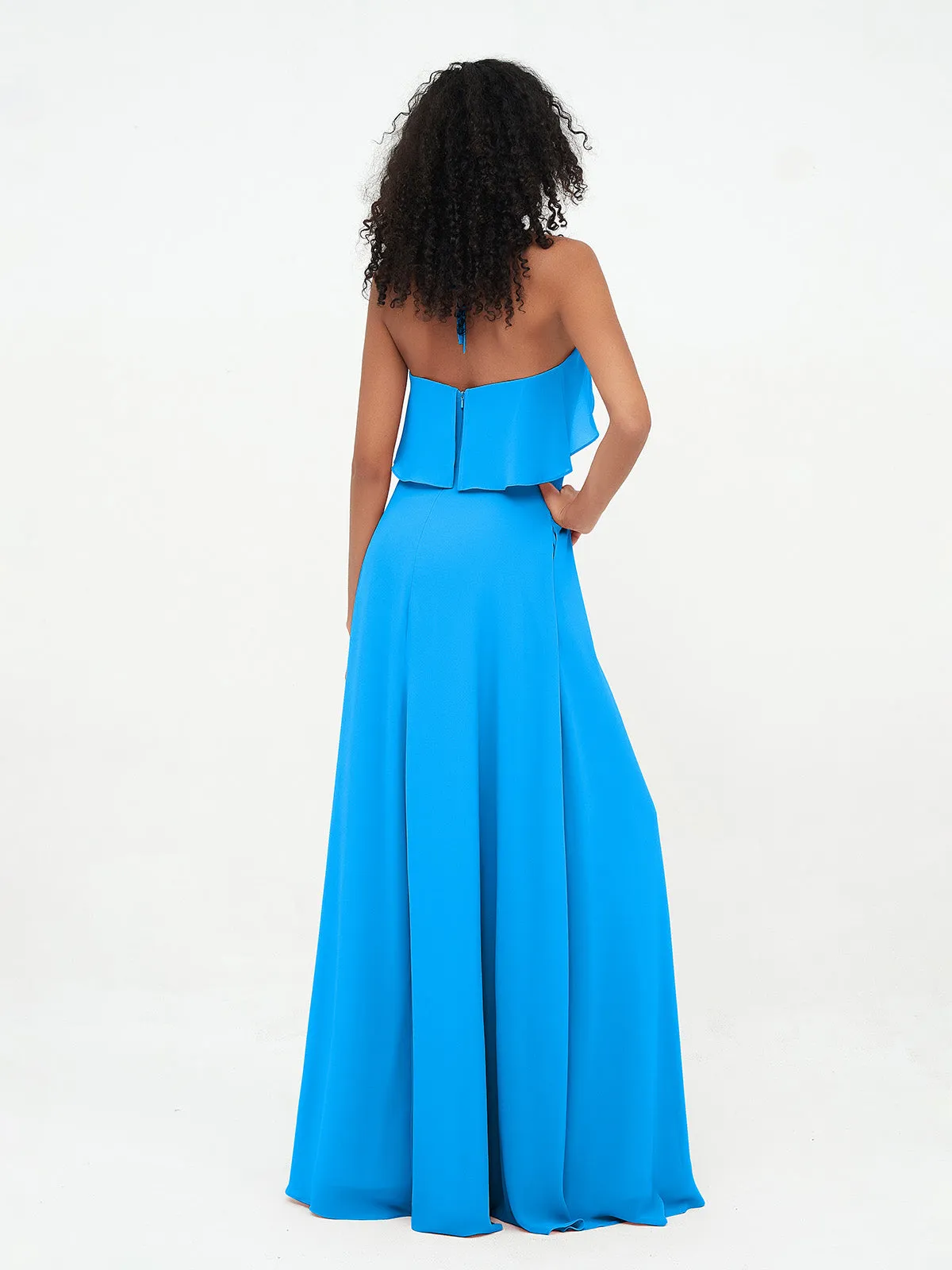 Halter Strap Chiffon Long Bridesmaid Dresses Ocean Blue