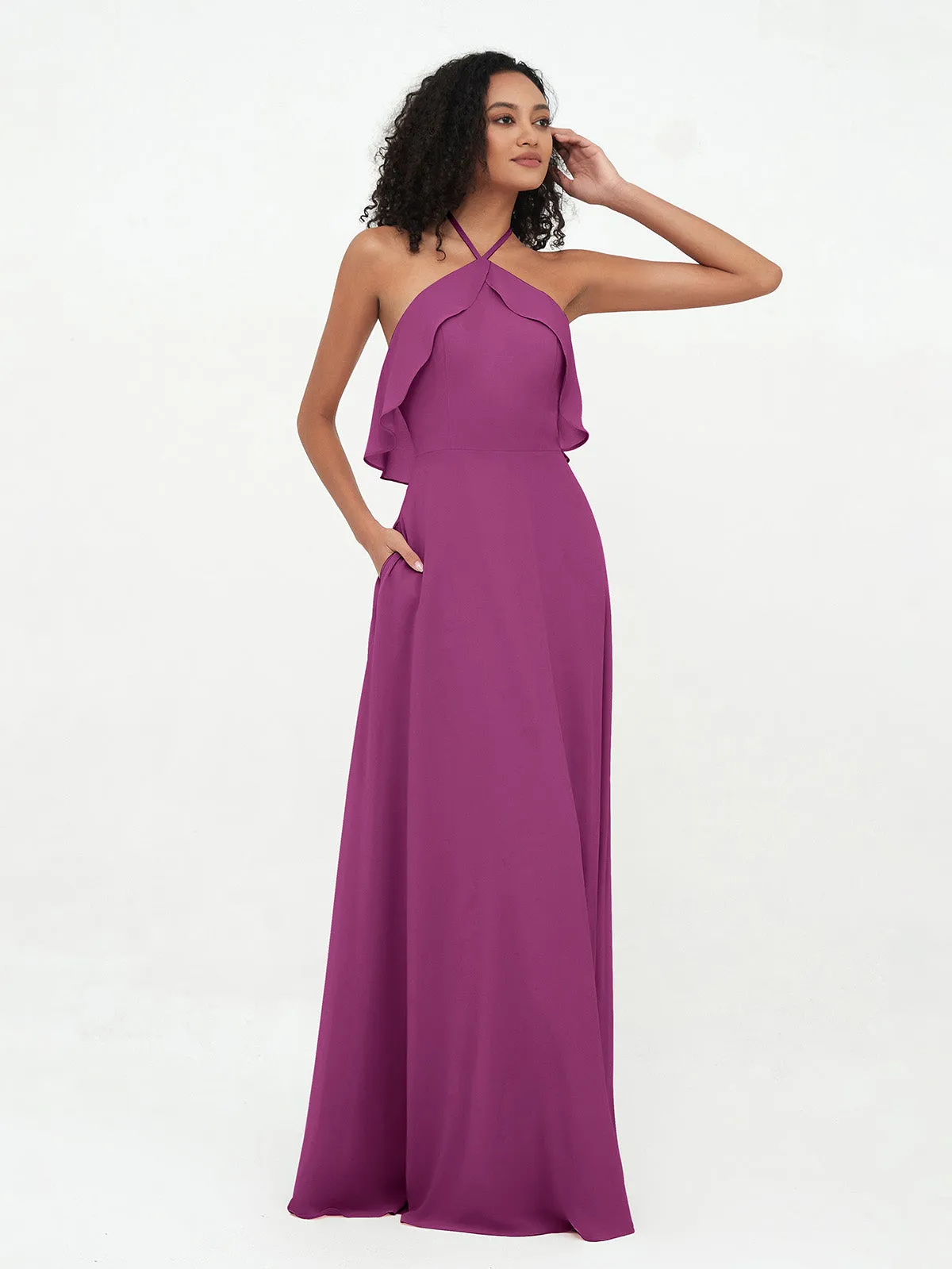 Halter Strap Chiffon Long Bridesmaid Dresses Orchid