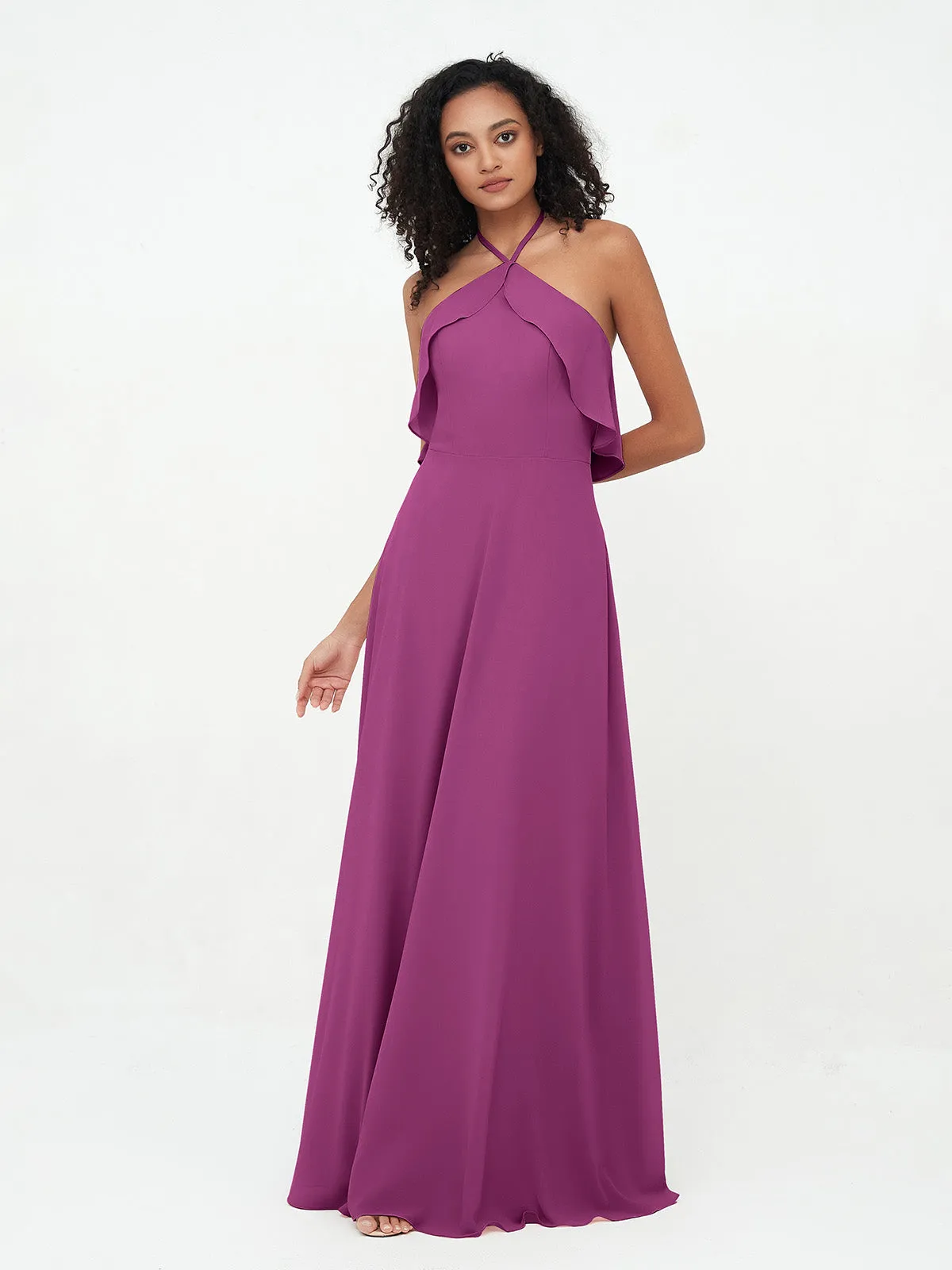 Halter Strap Chiffon Long Bridesmaid Dresses Orchid