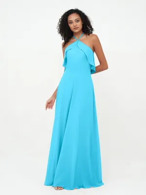 Halter Strap Chiffon Long Bridesmaid Dresses Pool Plus Size