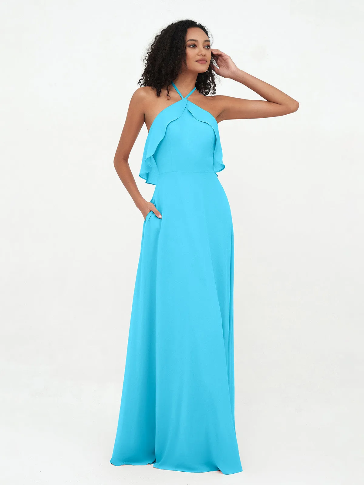 Halter Strap Chiffon Long Bridesmaid Dresses Pool Plus Size