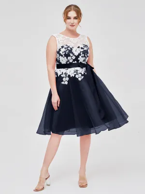 Illusion Neck Organza with Ivory Lace Appliqued Dark Navy