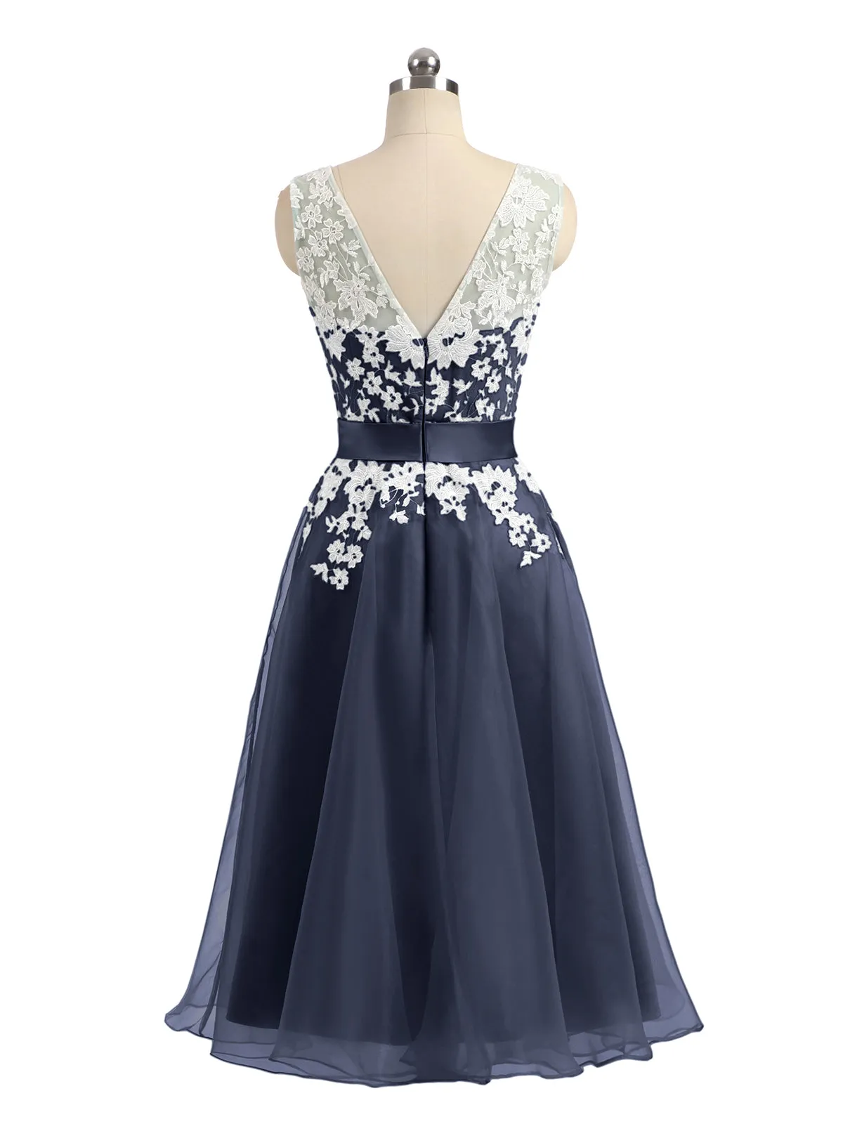 Illusion Neck Organza with Ivory Lace Appliqued Dark Navy