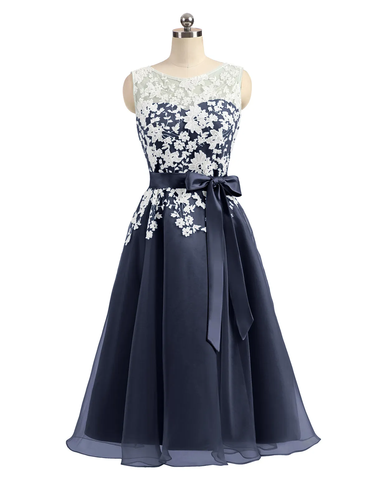 Illusion Neck Organza with Ivory Lace Appliqued Dark Navy