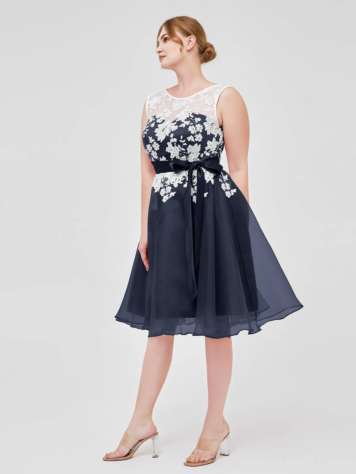 Illusion Neck Organza with Ivory Lace Appliqued Dark Navy