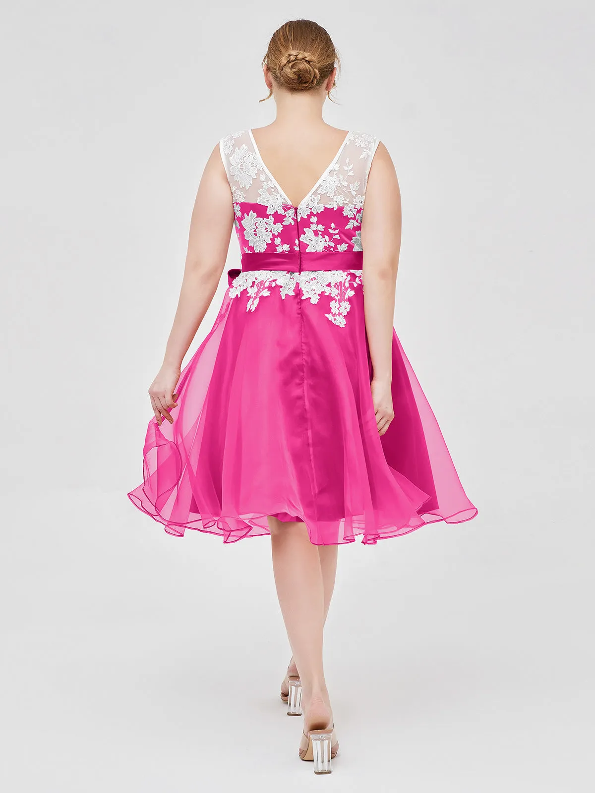 Illusion Neck Organza with Ivory Lace Appliqued Fuchsia