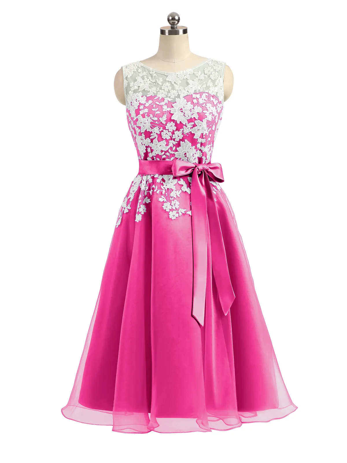 Illusion Neck Organza with Ivory Lace Appliqued Fuchsia