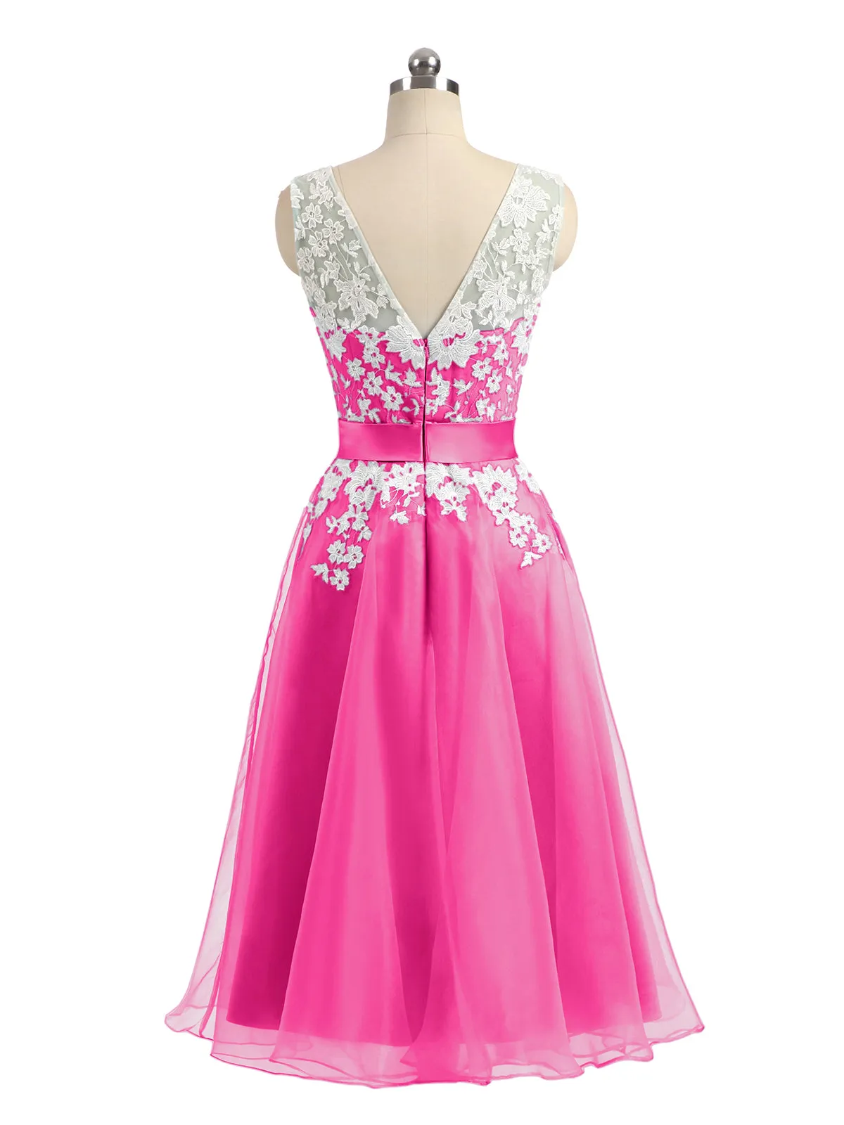 Illusion Neck Organza with Ivory Lace Appliqued Fuchsia