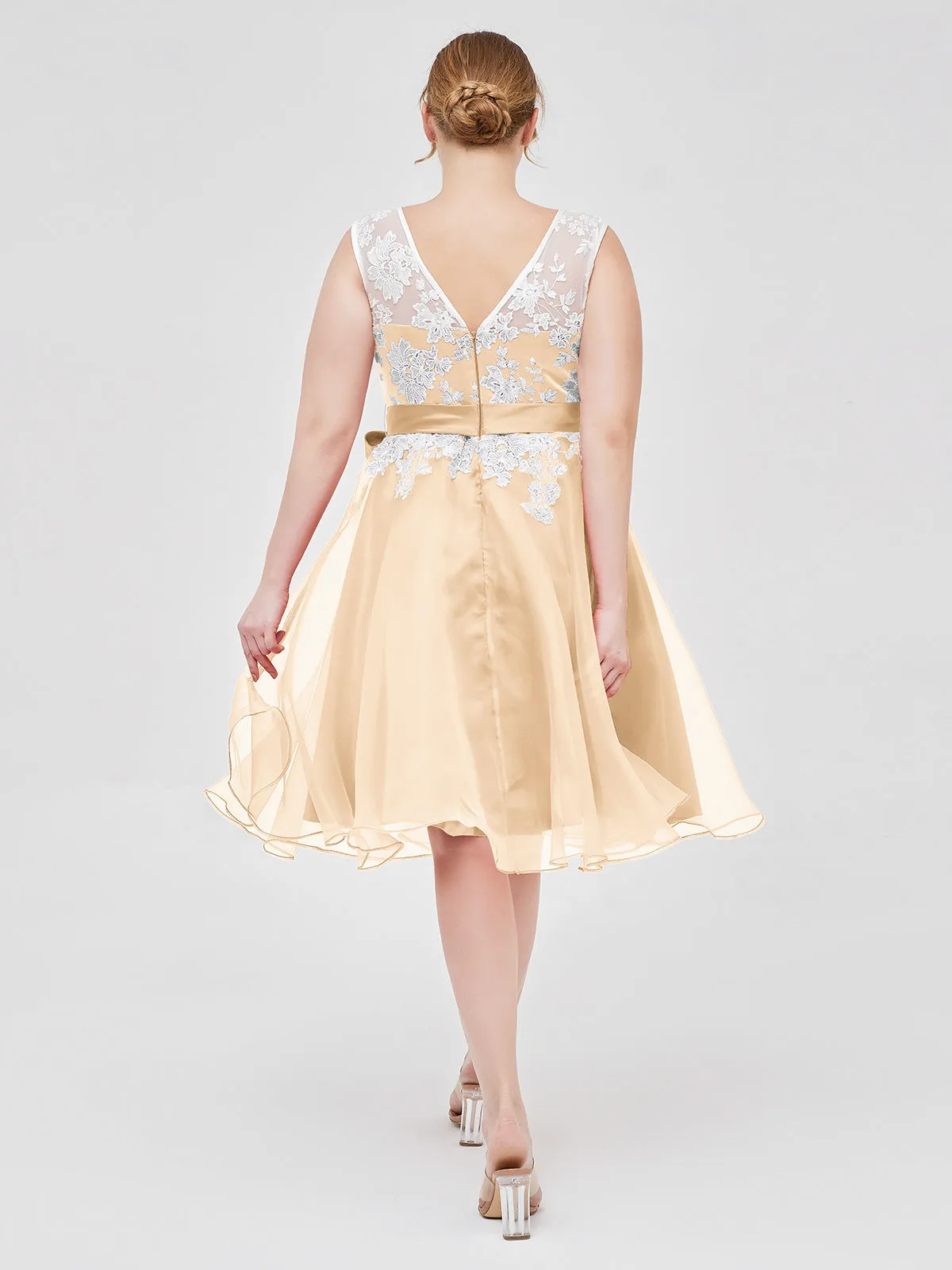 Illusion Neck Organza with Ivory Lace Appliqued Peach Plus Size