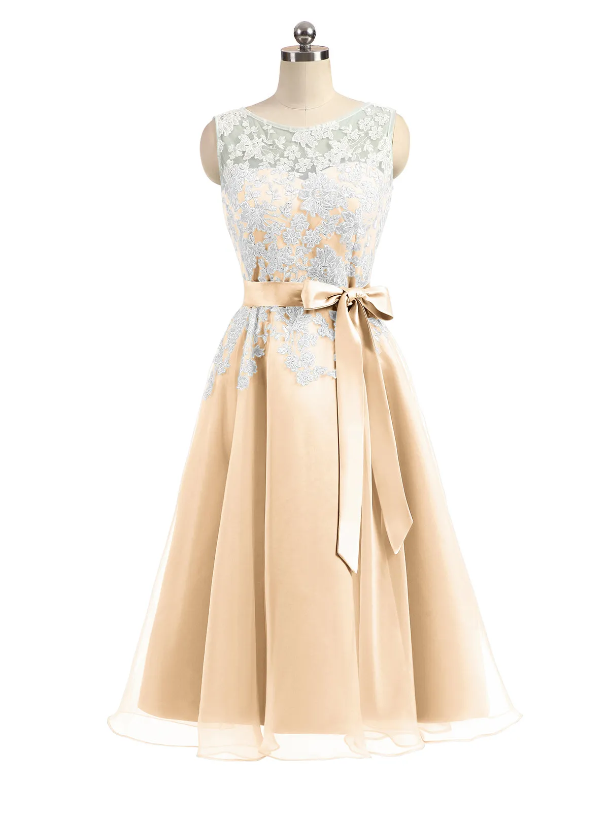 Illusion Neck Organza with Ivory Lace Appliqued Peach Plus Size