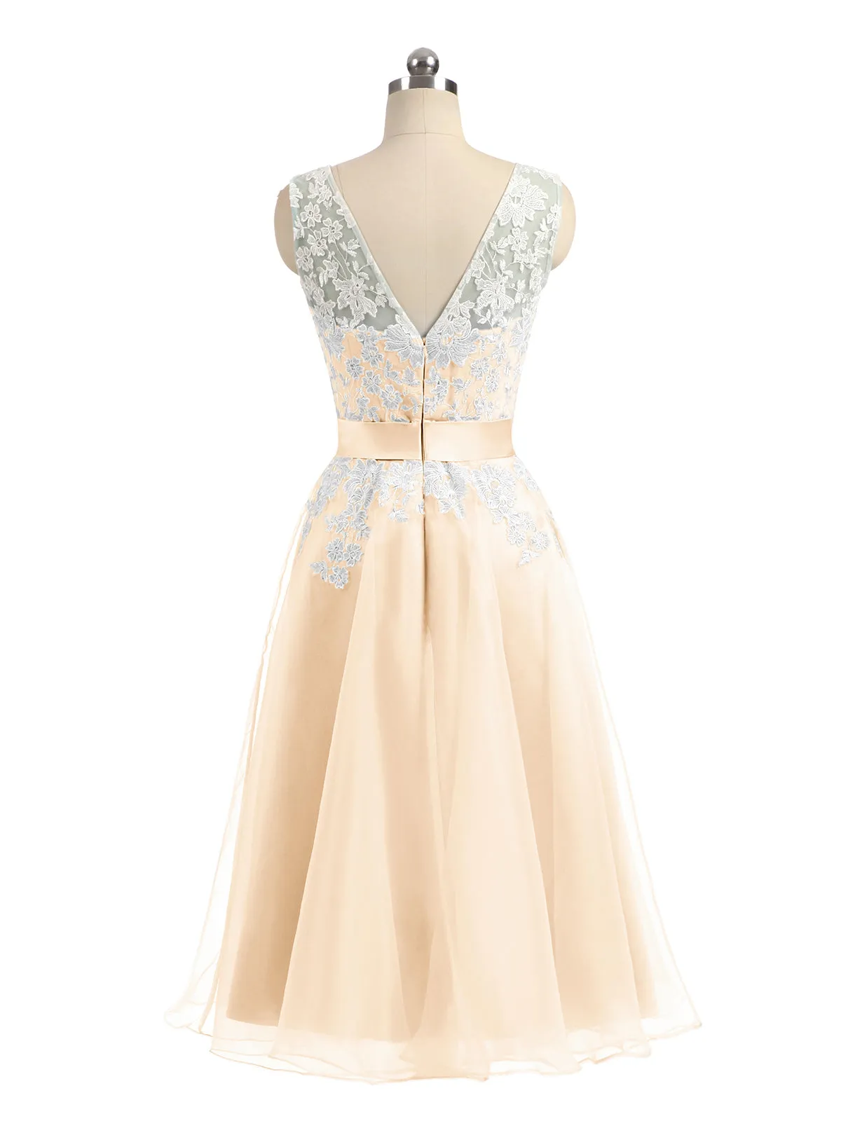 Illusion Neck Organza with Ivory Lace Appliqued Peach Plus Size