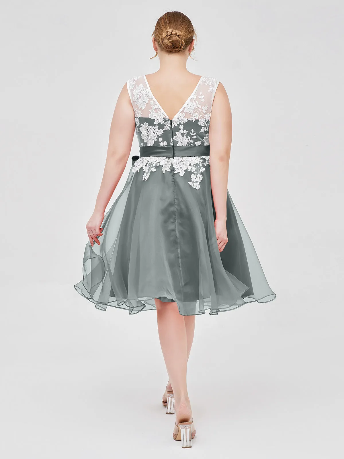 Illusion Neck Organza with Ivory Lace Appliqued Steel Grey Plus Size