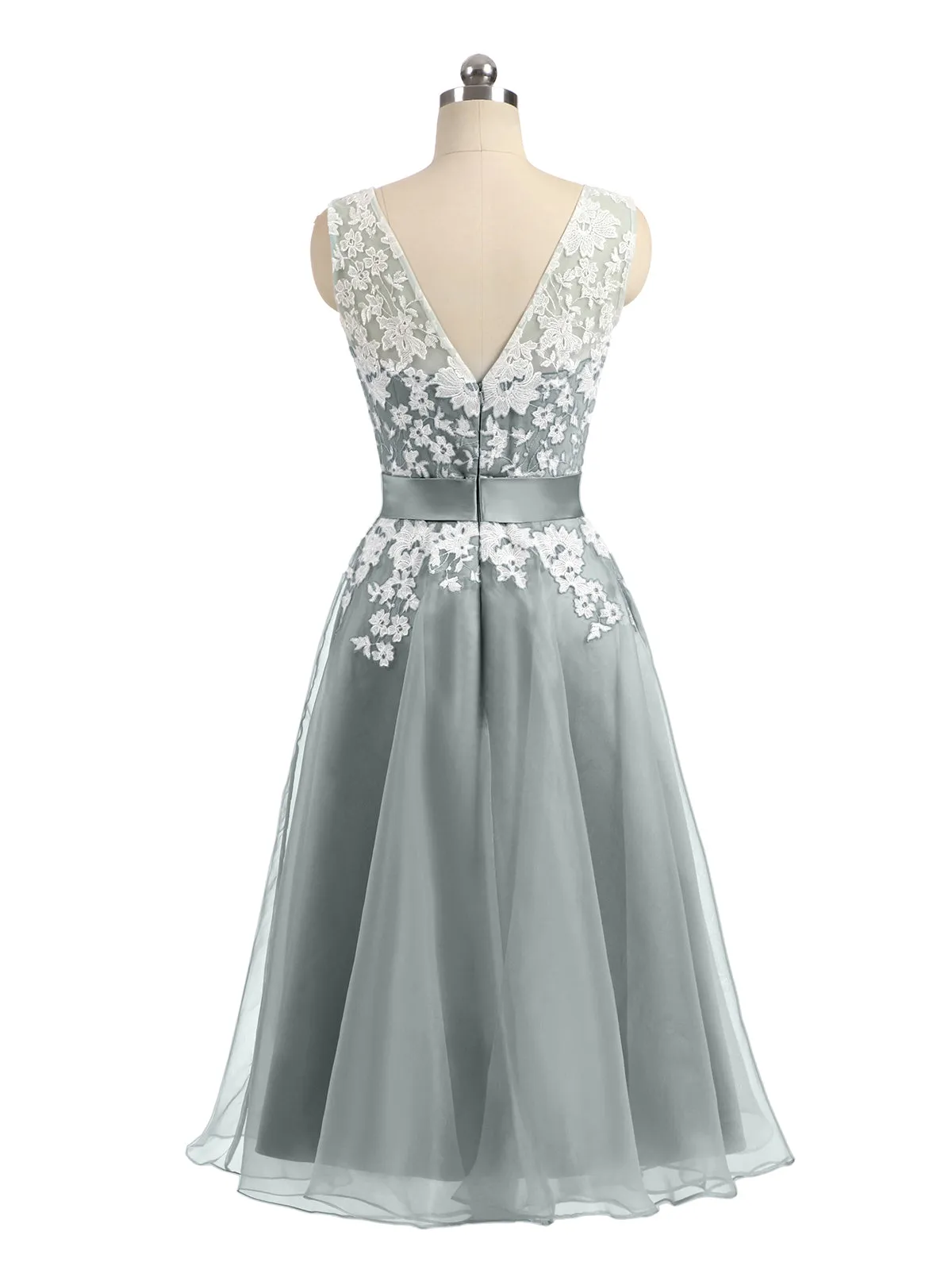 Illusion Neck Organza with Ivory Lace Appliqued Steel Grey Plus Size