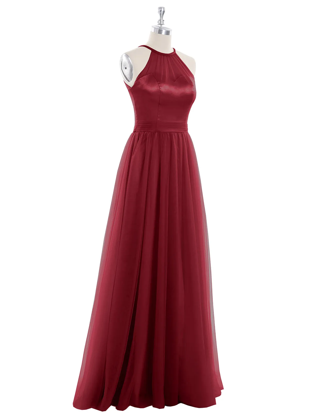 Illusion Neckline Long Tulle Dress-Burgundy