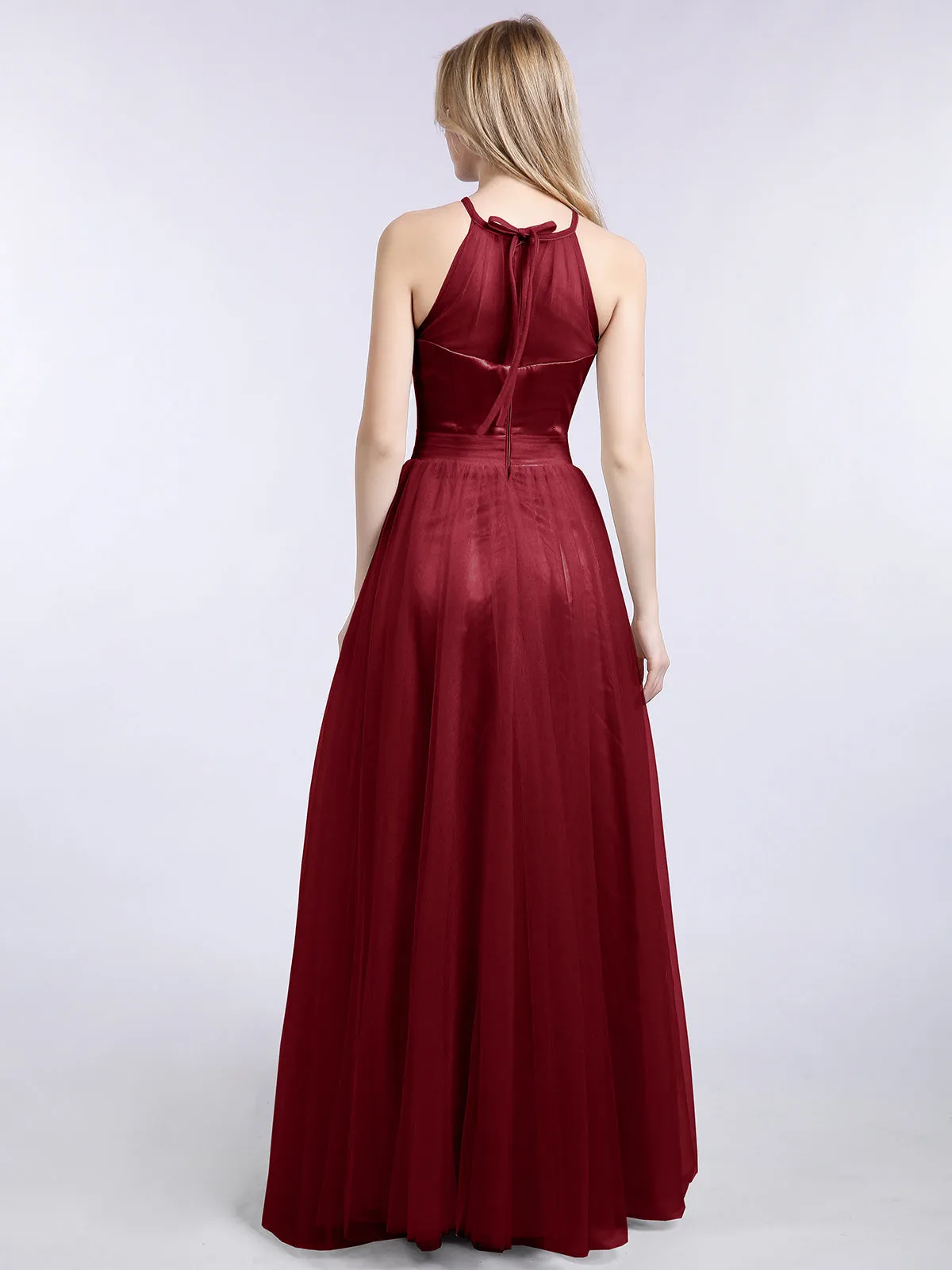 Illusion Neckline Long Tulle Dress-Burgundy