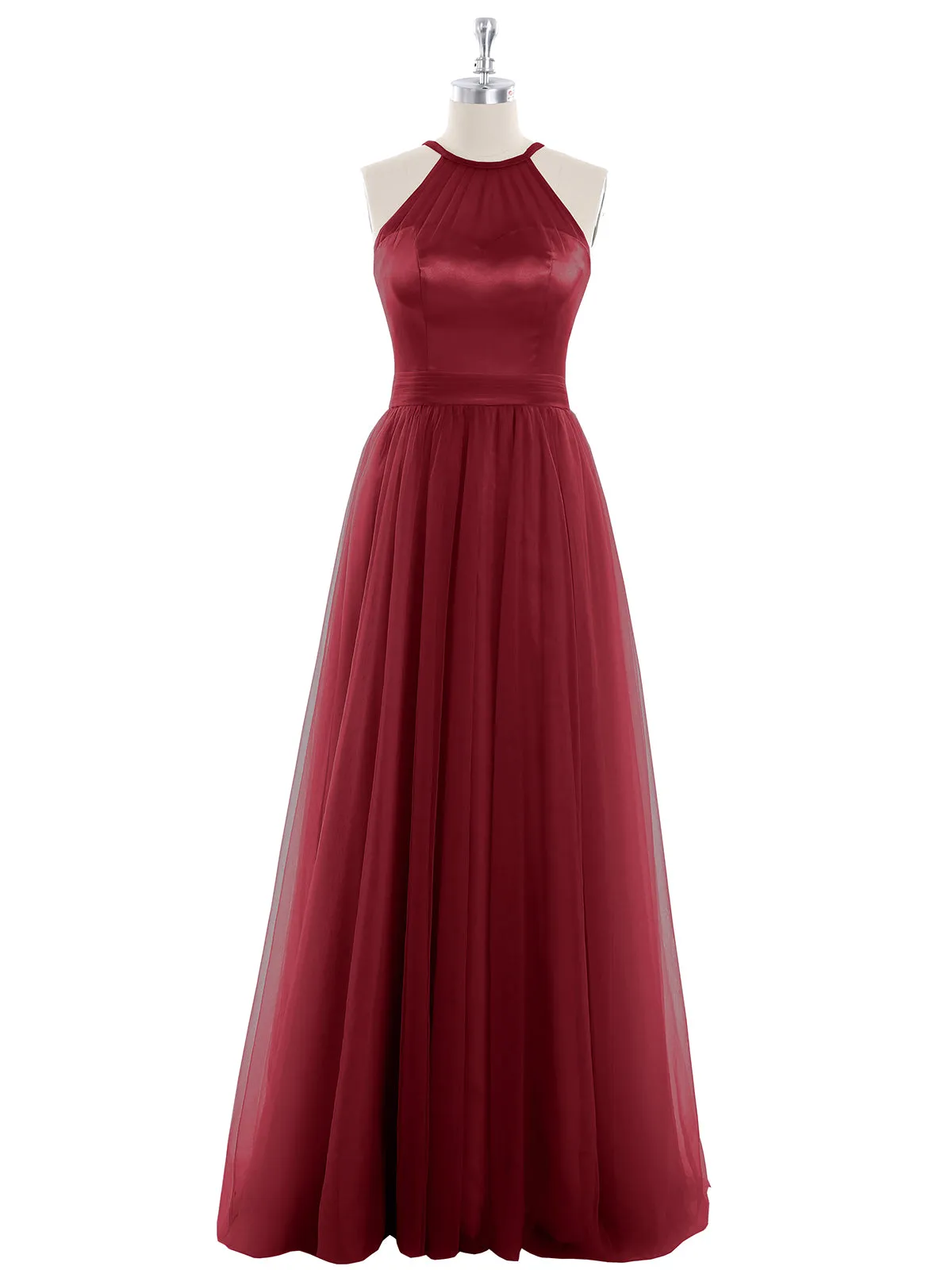 Illusion Neckline Long Tulle Dress-Burgundy