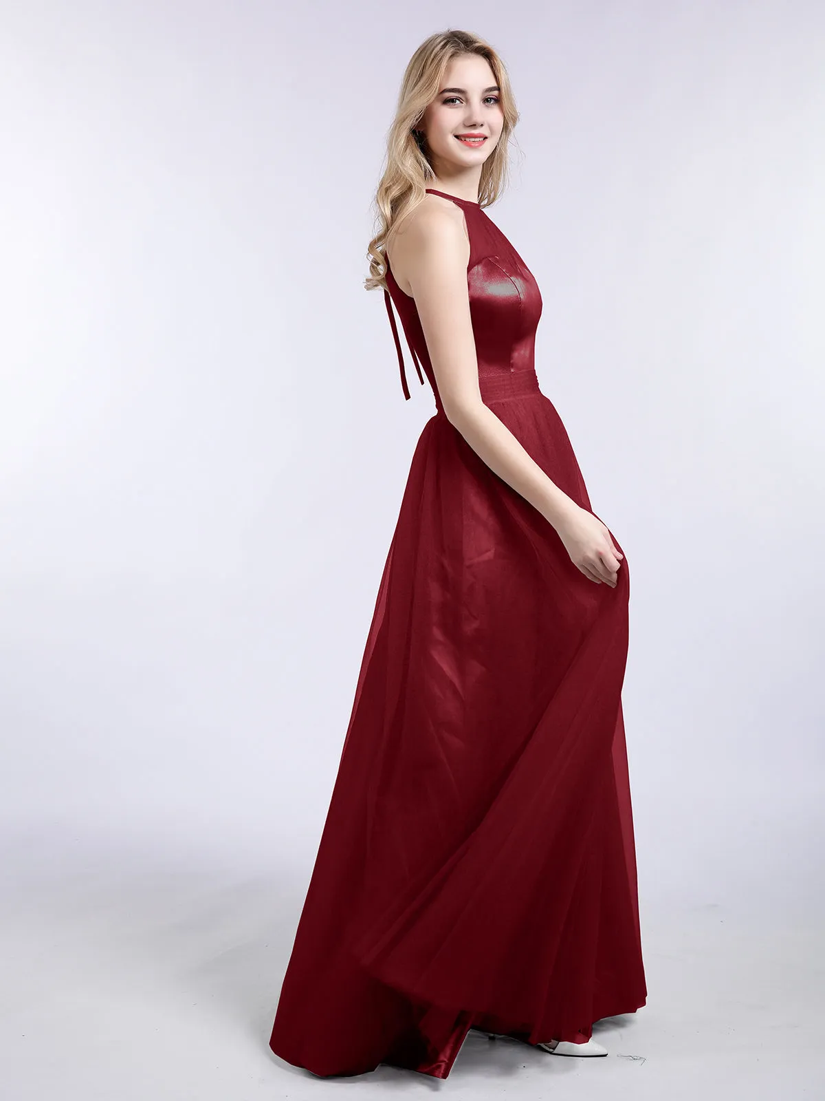 Illusion Neckline Long Tulle Dress-Burgundy