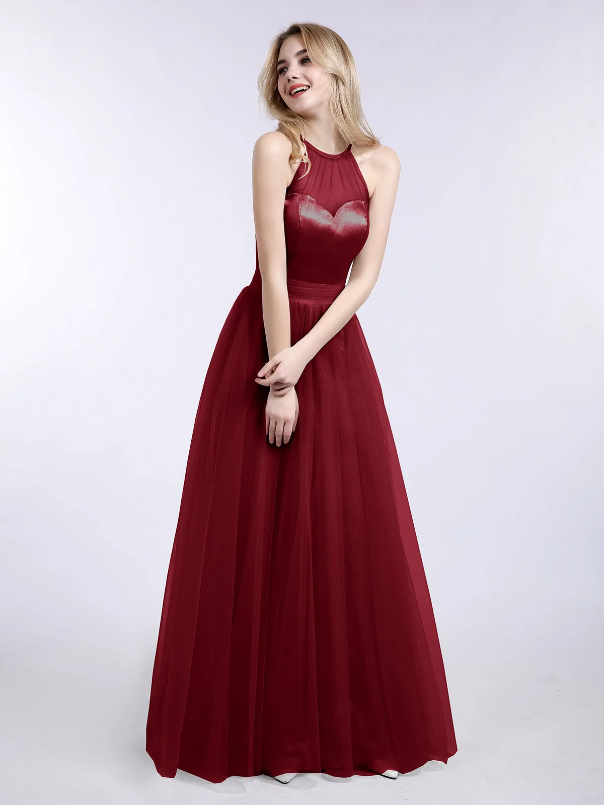 Illusion Neckline Long Tulle Dress-Burgundy