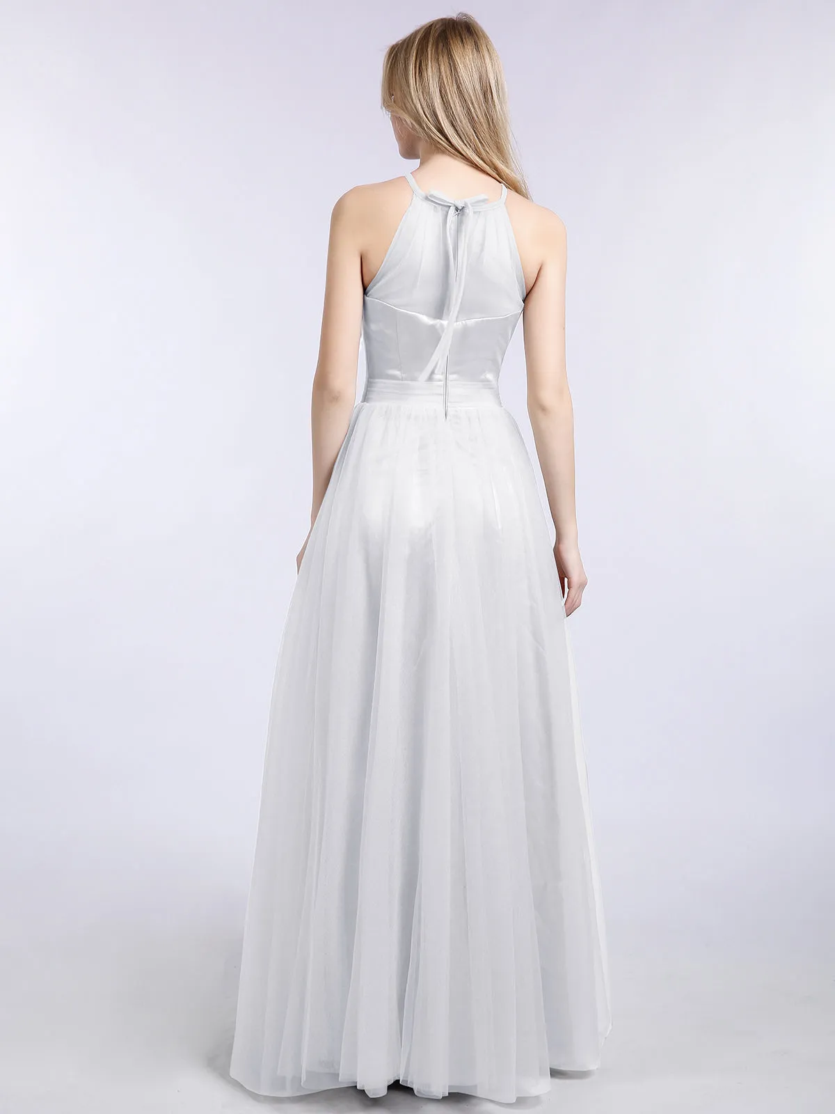 Illusion Neckline Long Tulle Dress-White