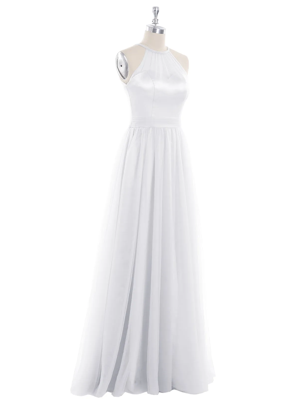 Illusion Neckline Long Tulle Dress-White