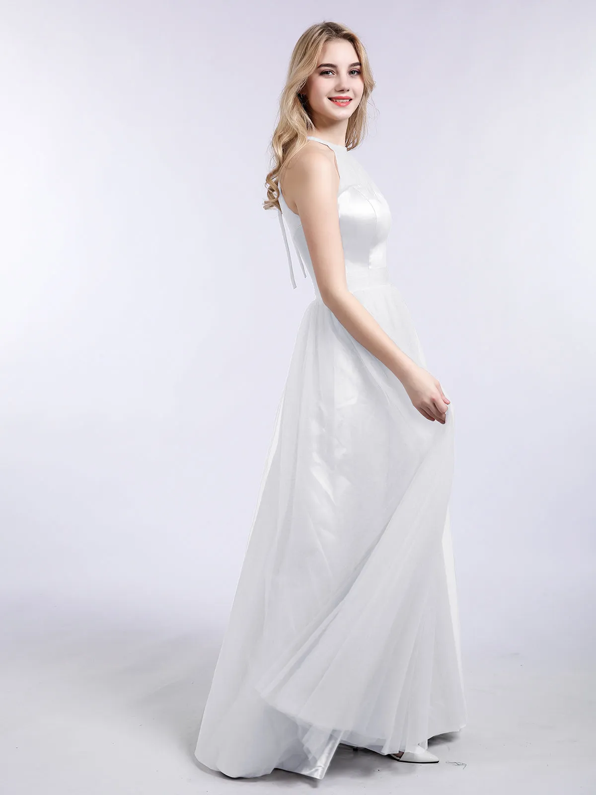 Illusion Neckline Long Tulle Dress-White