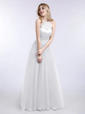 Illusion Neckline Long Tulle Dress-White