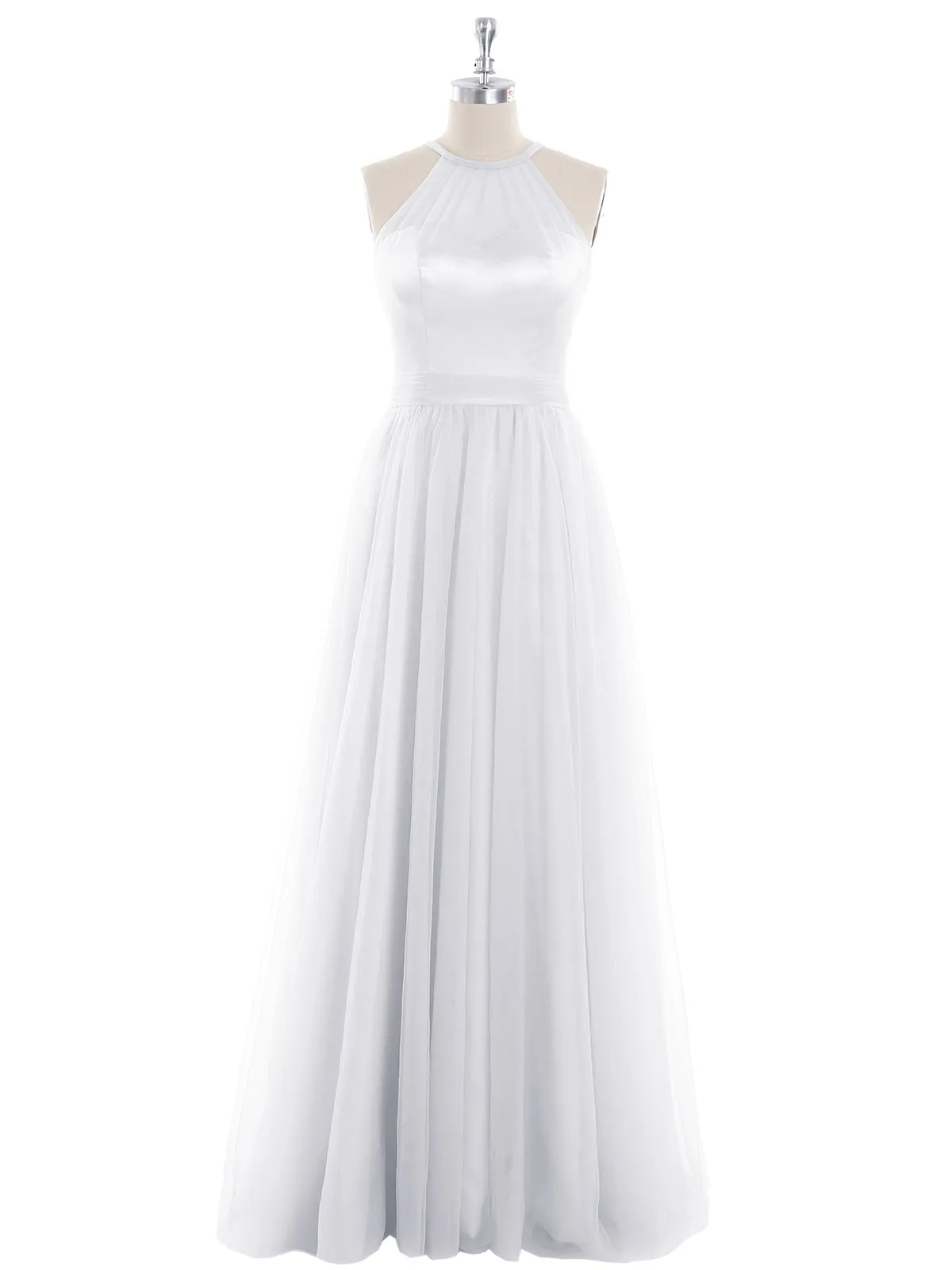 Illusion Neckline Long Tulle Dress-White