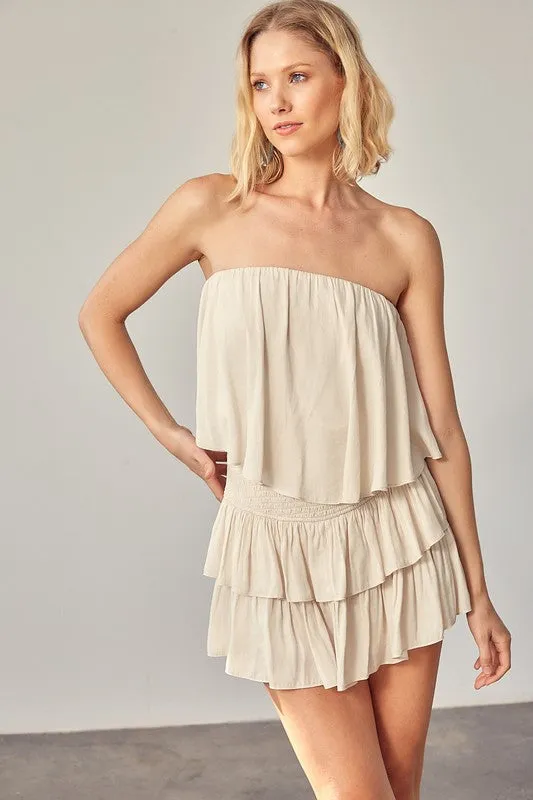 Ivory Tube Top Ruffle Dress With Shorts