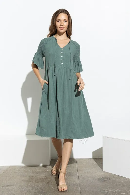 Jade V Neck Button Up Midi Dress With Self Tie