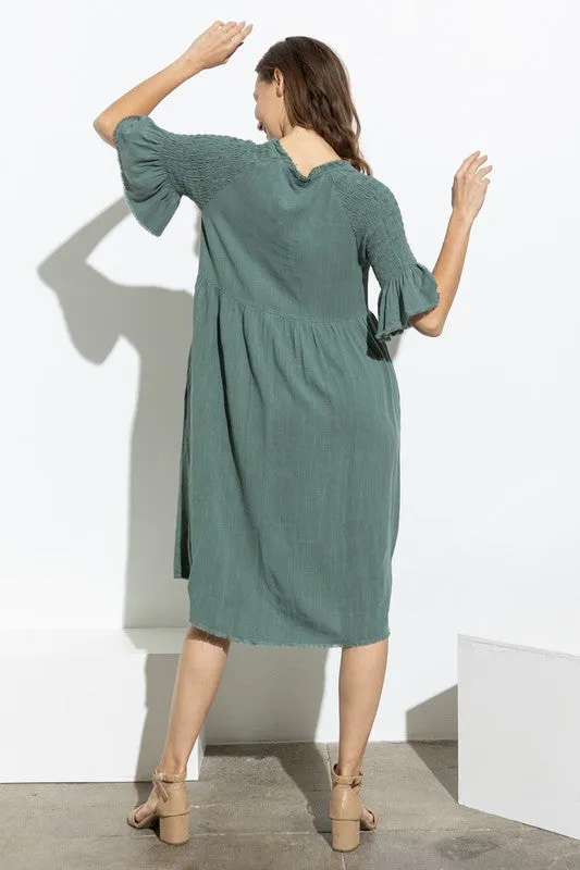 Jade V Neck Button Up Midi Dress With Self Tie