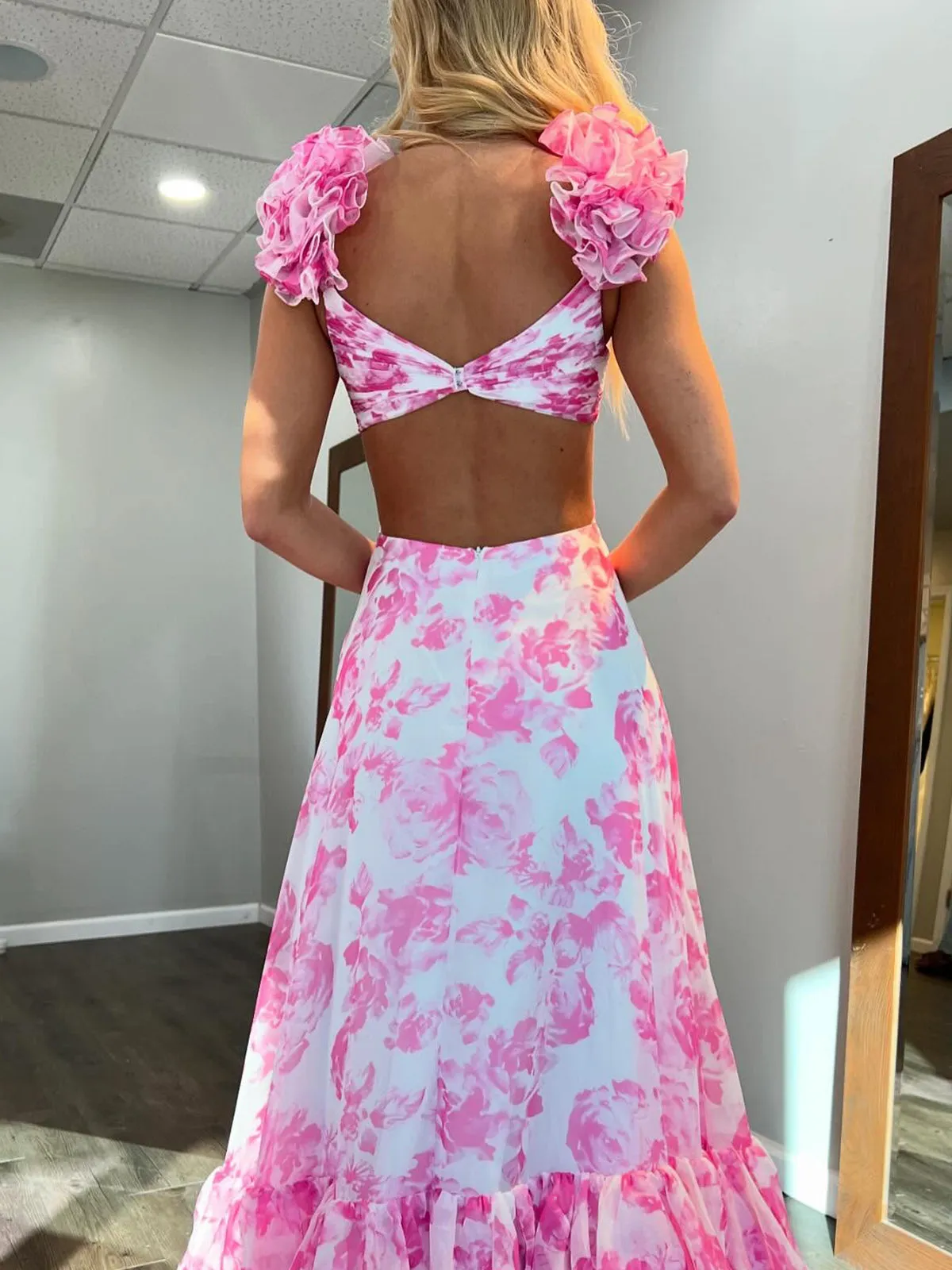 Jazzy | V Neck A-line Floral Printed Chiffon Slit Prom Dress