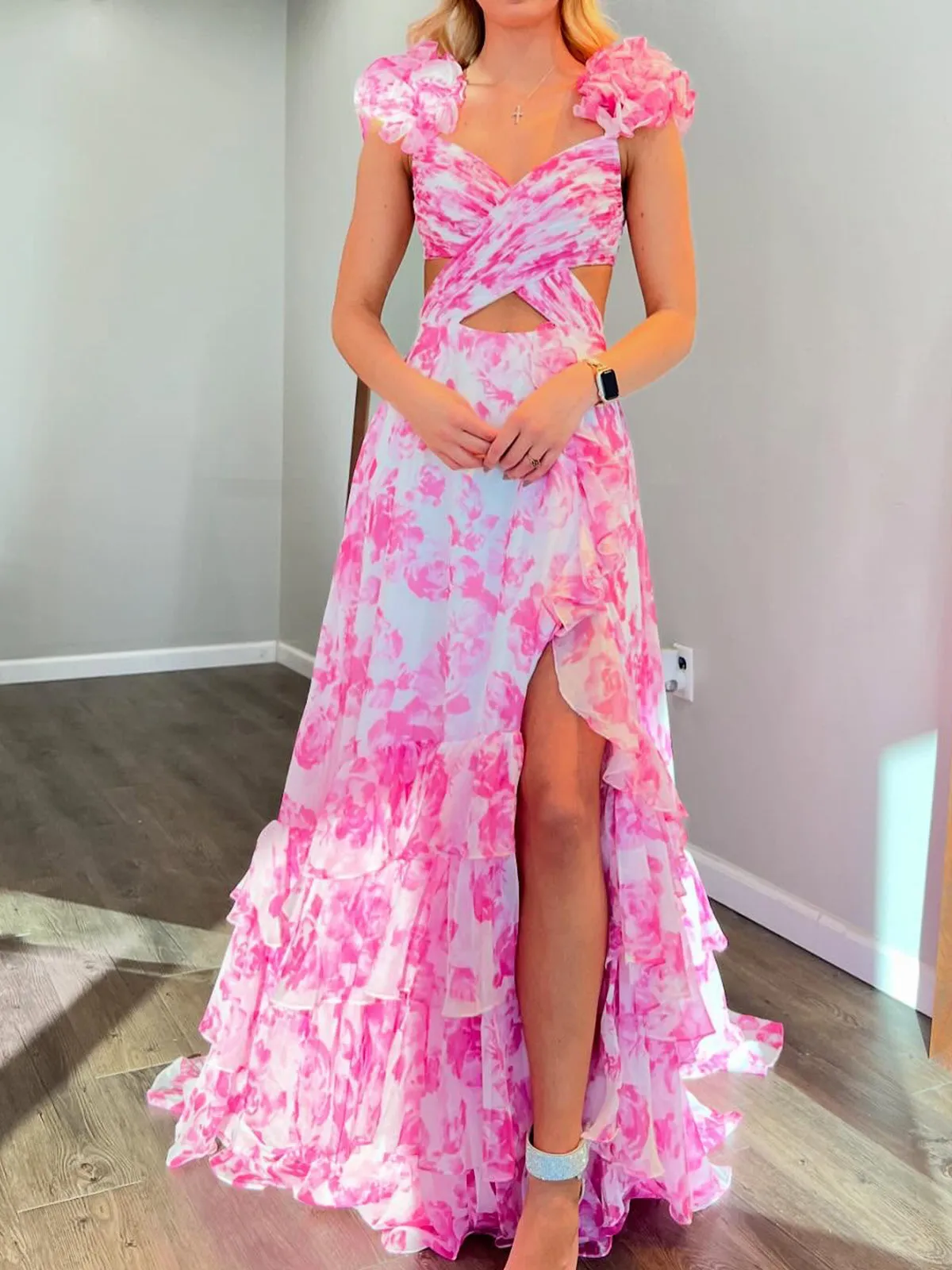 Jazzy | V Neck A-line Floral Printed Chiffon Slit Prom Dress