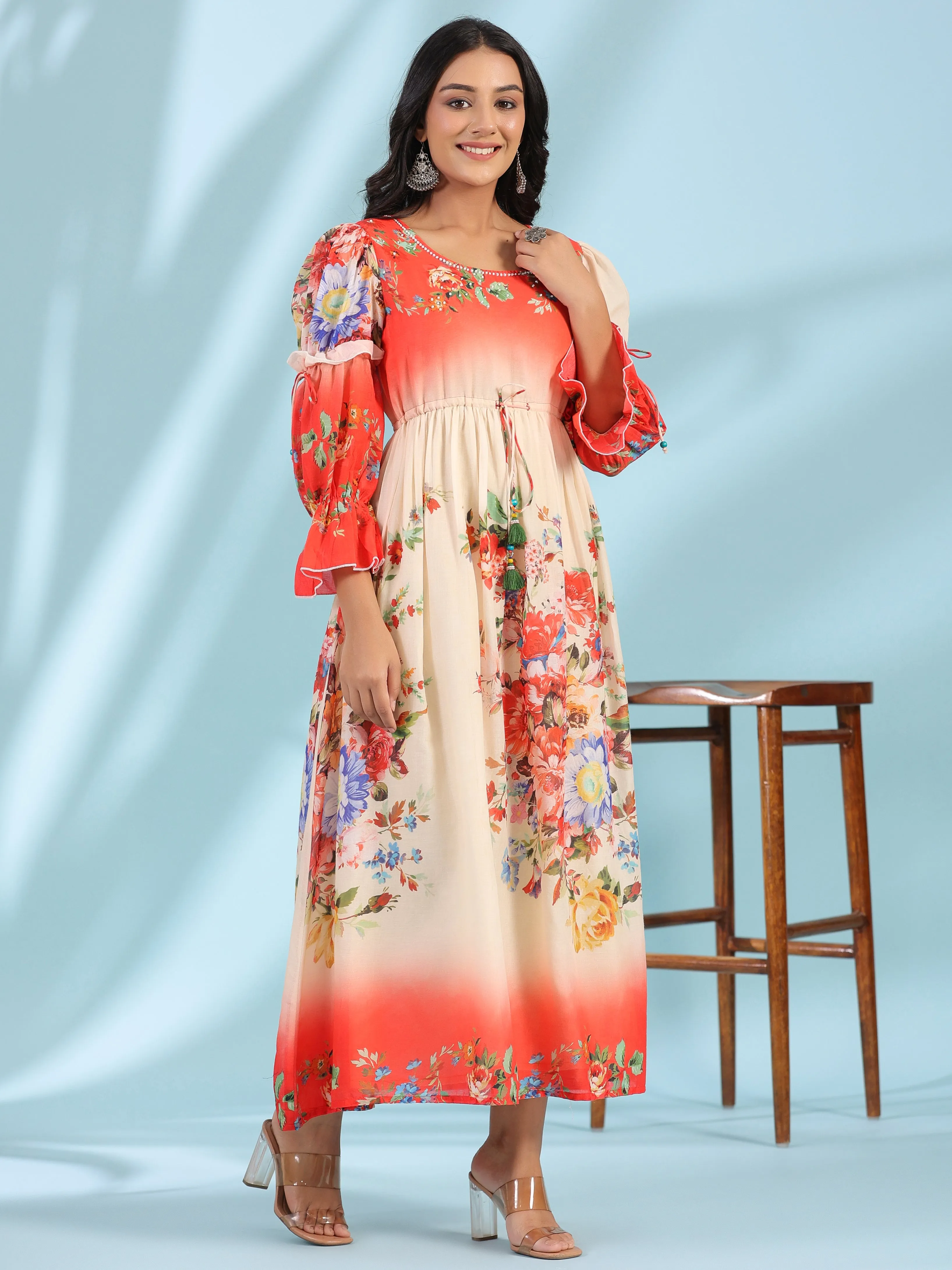 Juniper Off-White Floral Printed Cotton Maxi Dress With Beads & Sequins Work