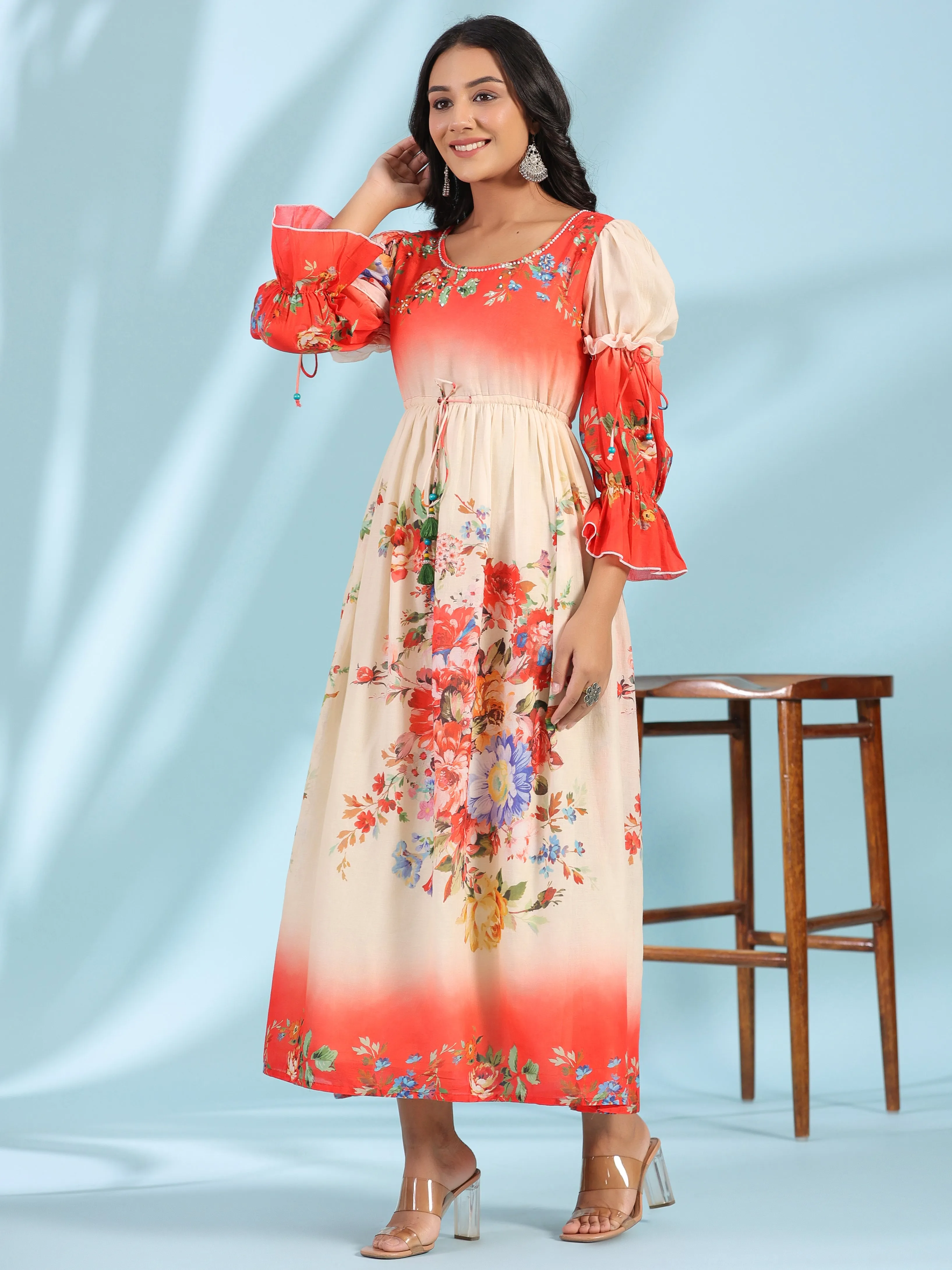 Juniper Off-White Floral Printed Cotton Maxi Dress With Beads & Sequins Work